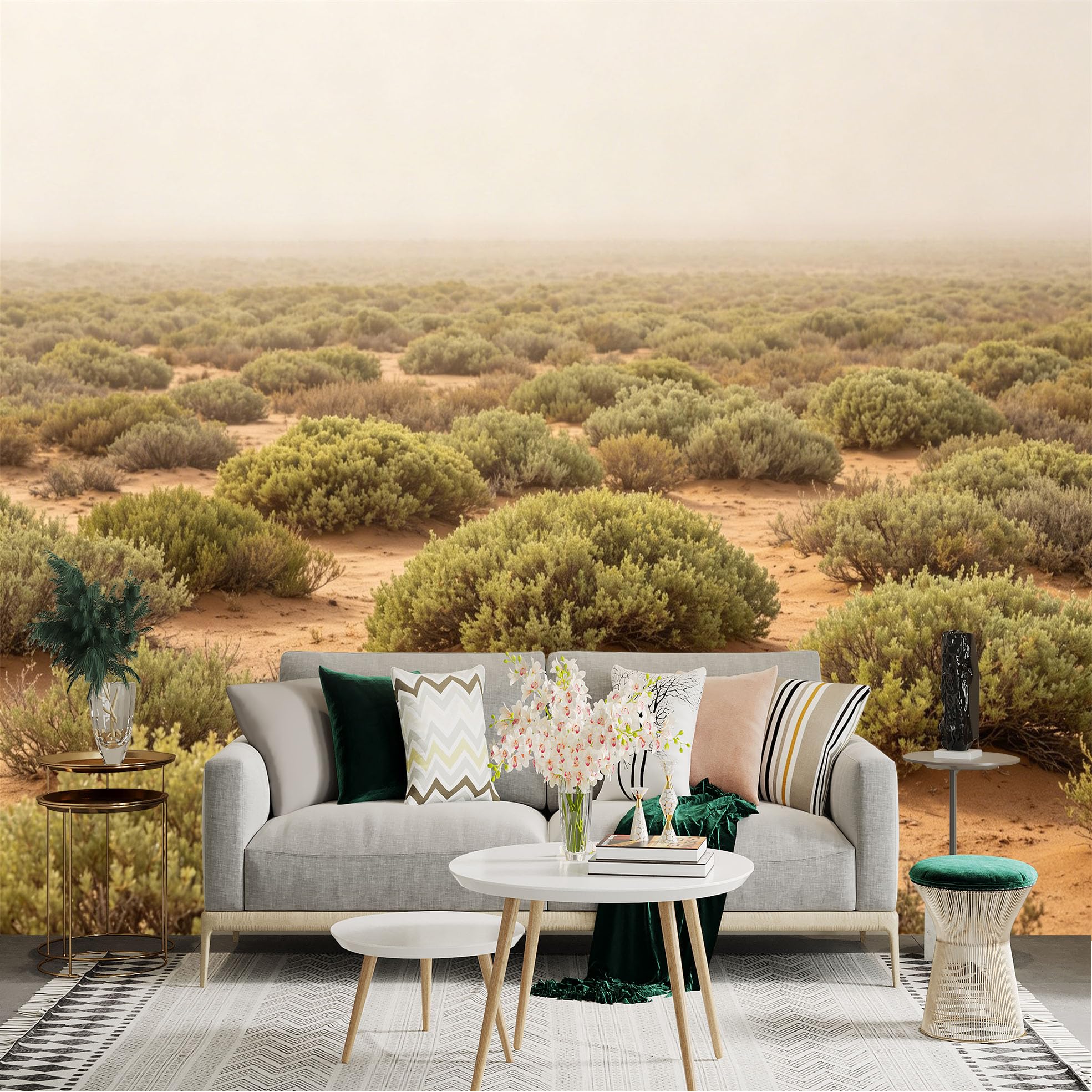 Lnzczhyre Dbh260521805 Custom Size Wall Sticker Mural， Sandy Desert Landscape， Wild Scrubland Bushes， Rustic Arid Terrain， Atmospheric Hazy Horizon， For Wall Decoration， Peelandstick Wall Decals.