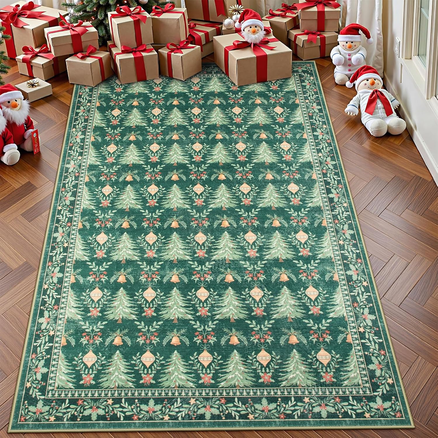 Christmas 3x5 Area Rug, Washable Christmas Rugs for Living Room Non Slip Green Carpet Ultra-Thin Area Rug for Bedroom, Tree Pattern Print Soft Holiday Decor for Kitchen (3x5ft,Green)
