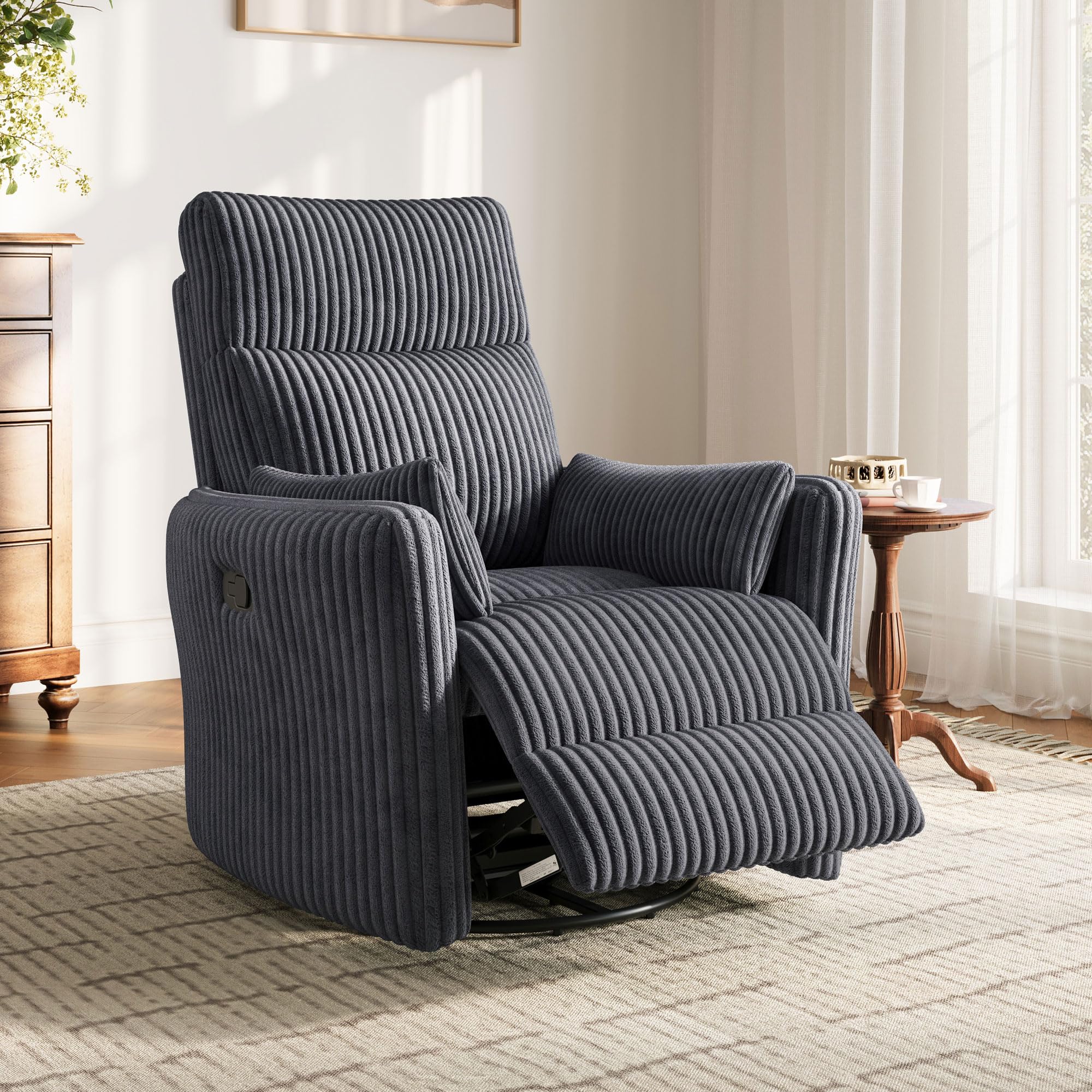 LINSY HOME 360 Swivel Nursery Recliner Chair, Corduroy TV Chair with 2 Cushions, Comfortable High Back Chair with Reclining Function for Small Spaces, Childrens Room, Bedroom, Living Room, Grey