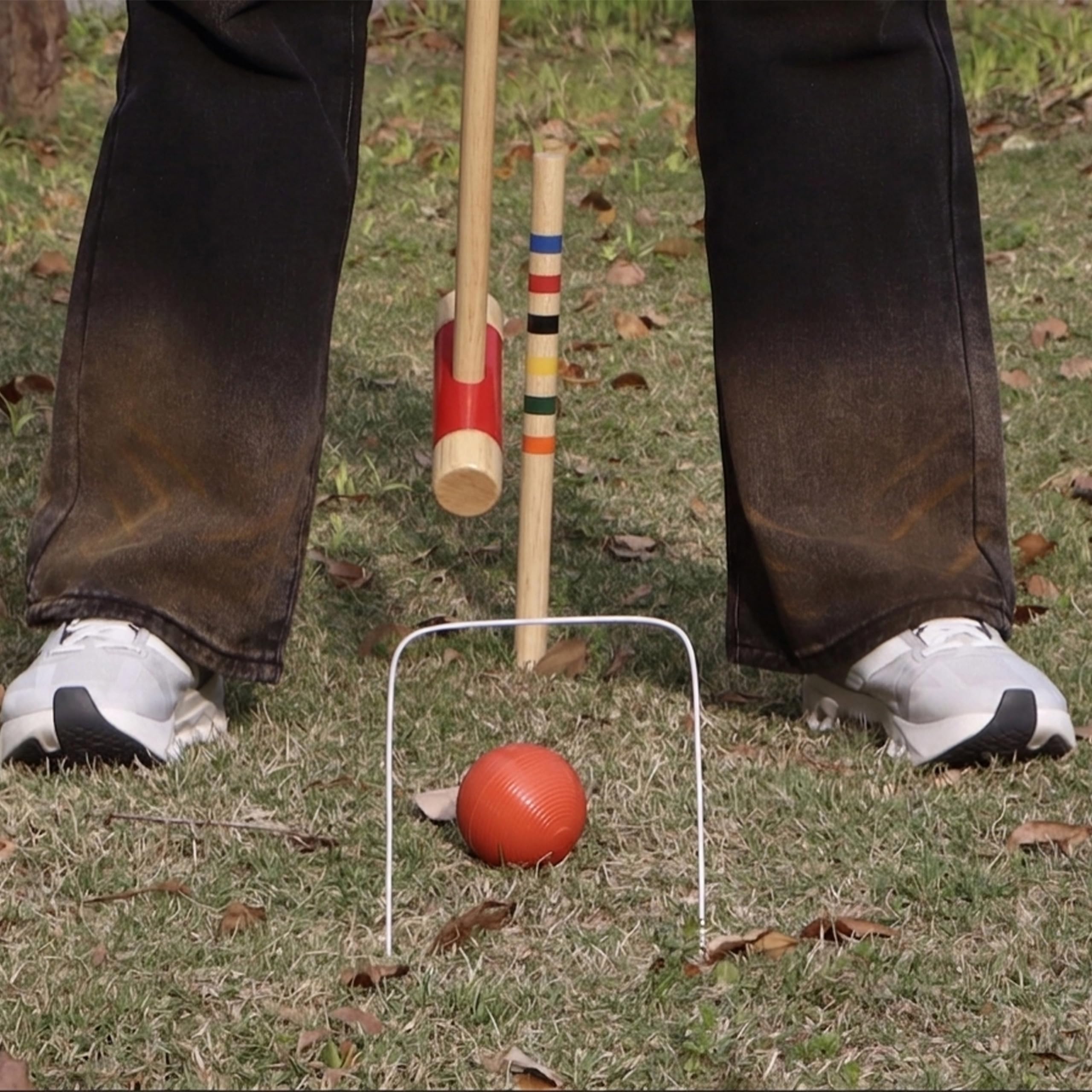Krocket-Set für sechs Spieler für Erwachsene und Familie, Hinterhof, Outdoor-Spiele | 81,3 cm Schlägel, Gummibaumholz, inklusive 1 Tragetasche, 6 Bälle, 9 Wickets, 2 Heringe