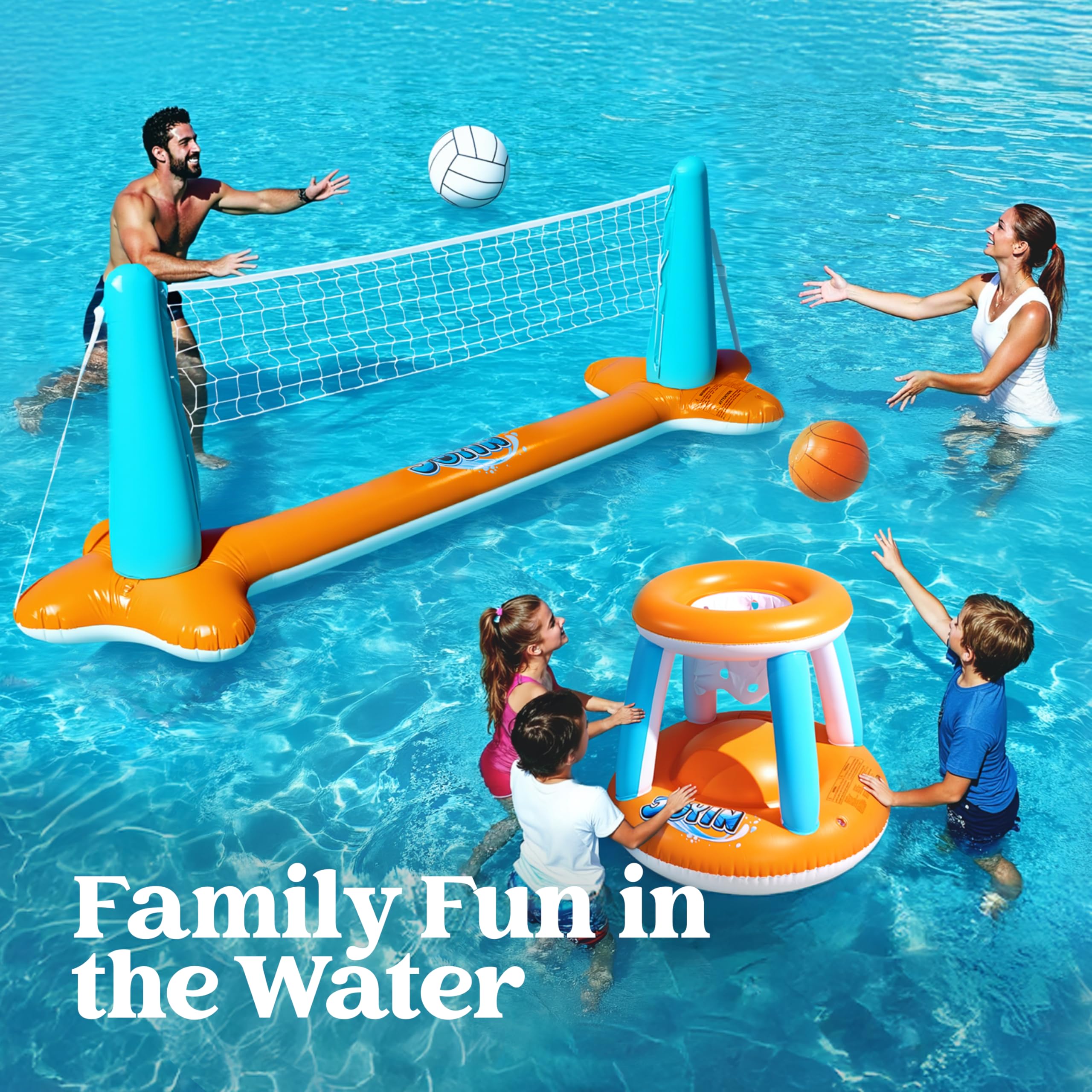 JOYIN Juego de flotador inflable XL para piscina, red de voleibol de 125 pulgadas y aros de baloncesto, juguete flotante extragrande para niños y adultos, flotadores de verano, cancha de voleibol,
