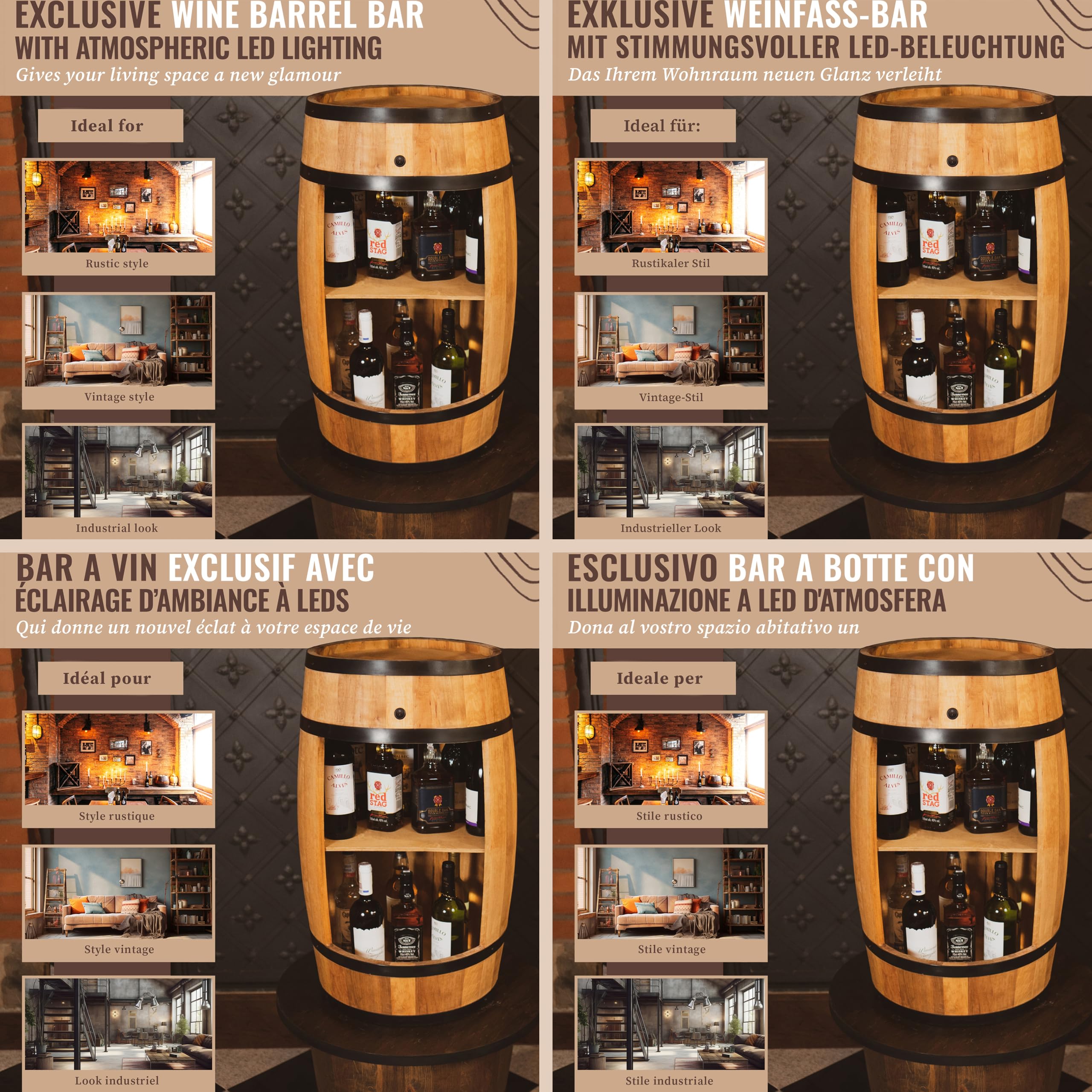 CREATIVE COOPER Tonneau en Bois avec éclairage LED - Armoire Bar Meuble Rangement Bouteille Alcool - Casier à Vin,Whisky, Bière et Boissons - Organisateur d'Armoires d'alcool - 80 cm De Haut (Chêne)