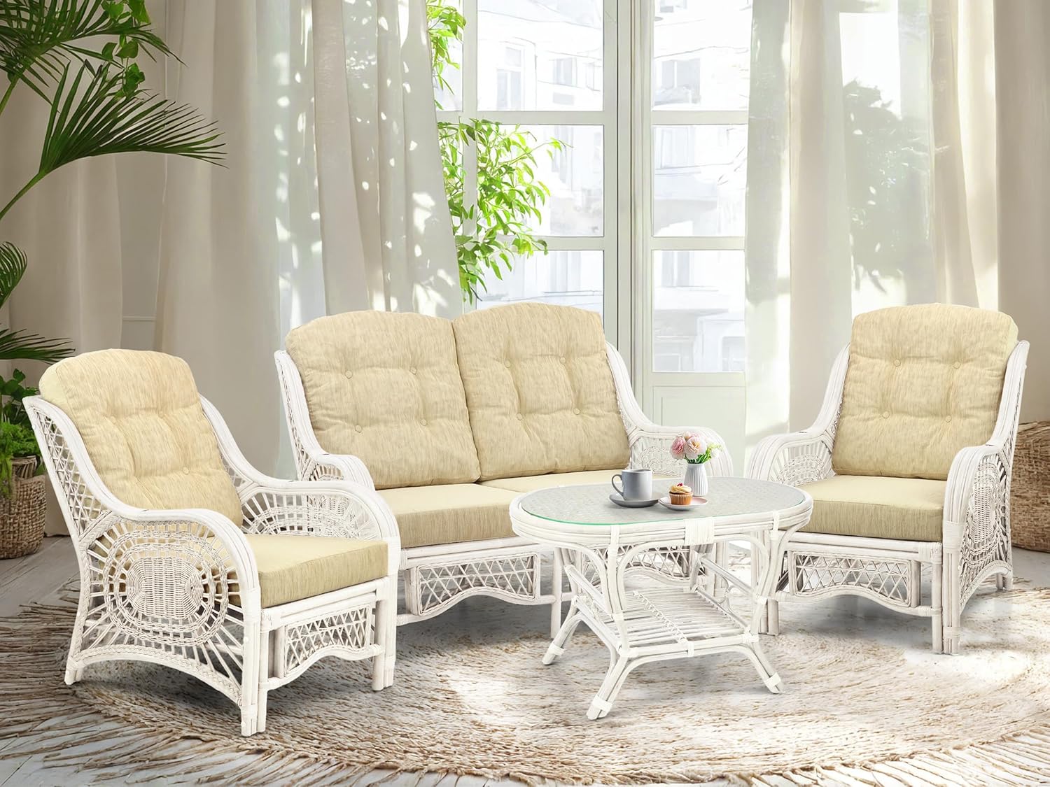Malibu Lounge Set of 4: 2 Natural Rattan Wicker Chairs, Loveseat with Cream Cushions and Coffee Table w/Glass Handmade, White