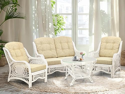 Malibu Lounge Set of 4: 2 Natural Rattan Wicker Chairs,