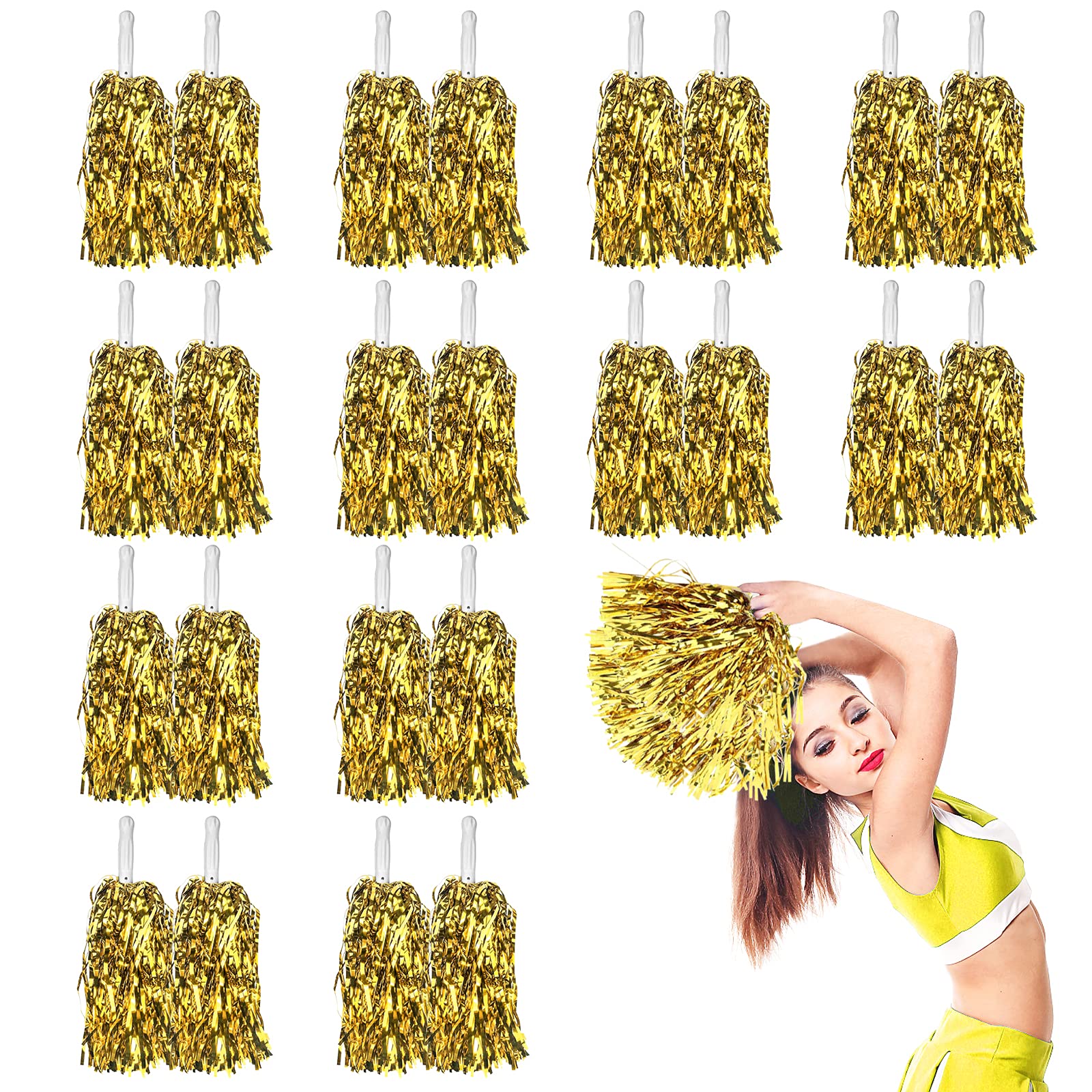 DILIBRA 24 Pcs Metallic Cheerleading Pom Poms for Kids, Cheerleaders Cheer Pom Poms with Baton Handle, Cheering Squad Hand Flower for Adults Team