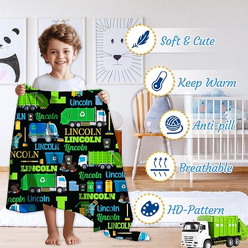 Miniatura 3 de Buyyet Manta de regalo personalizada con nombre, camión de basura para niños, manta de franela de forro polar suave para cama, sofá al aire libre,