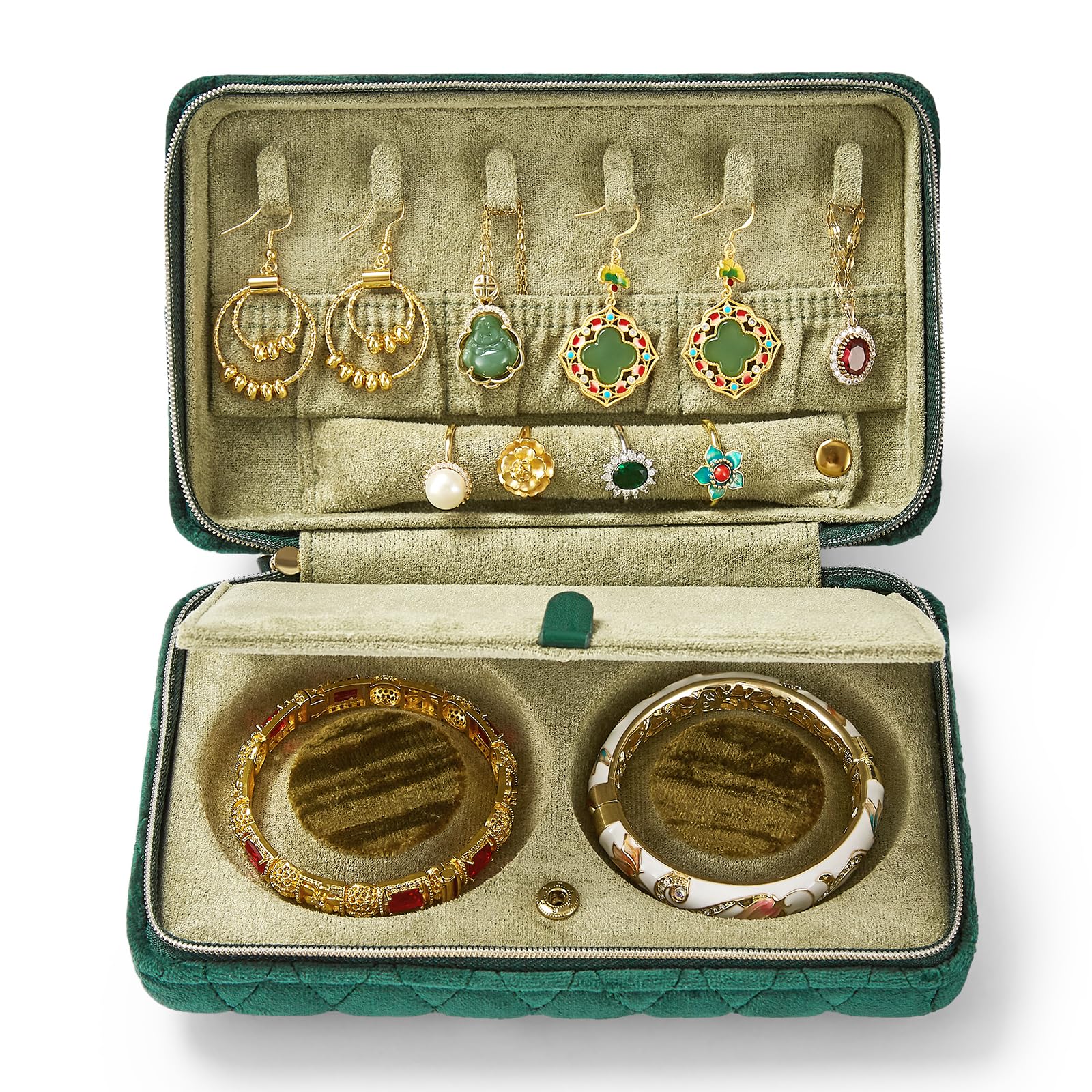 Vee Travel jewelry case,Elegant Diamond Quilted Velvet Jewelry organizer, Jewelry box for organizing bracelets necklaces rings earrings,birthday gifts for women,Green