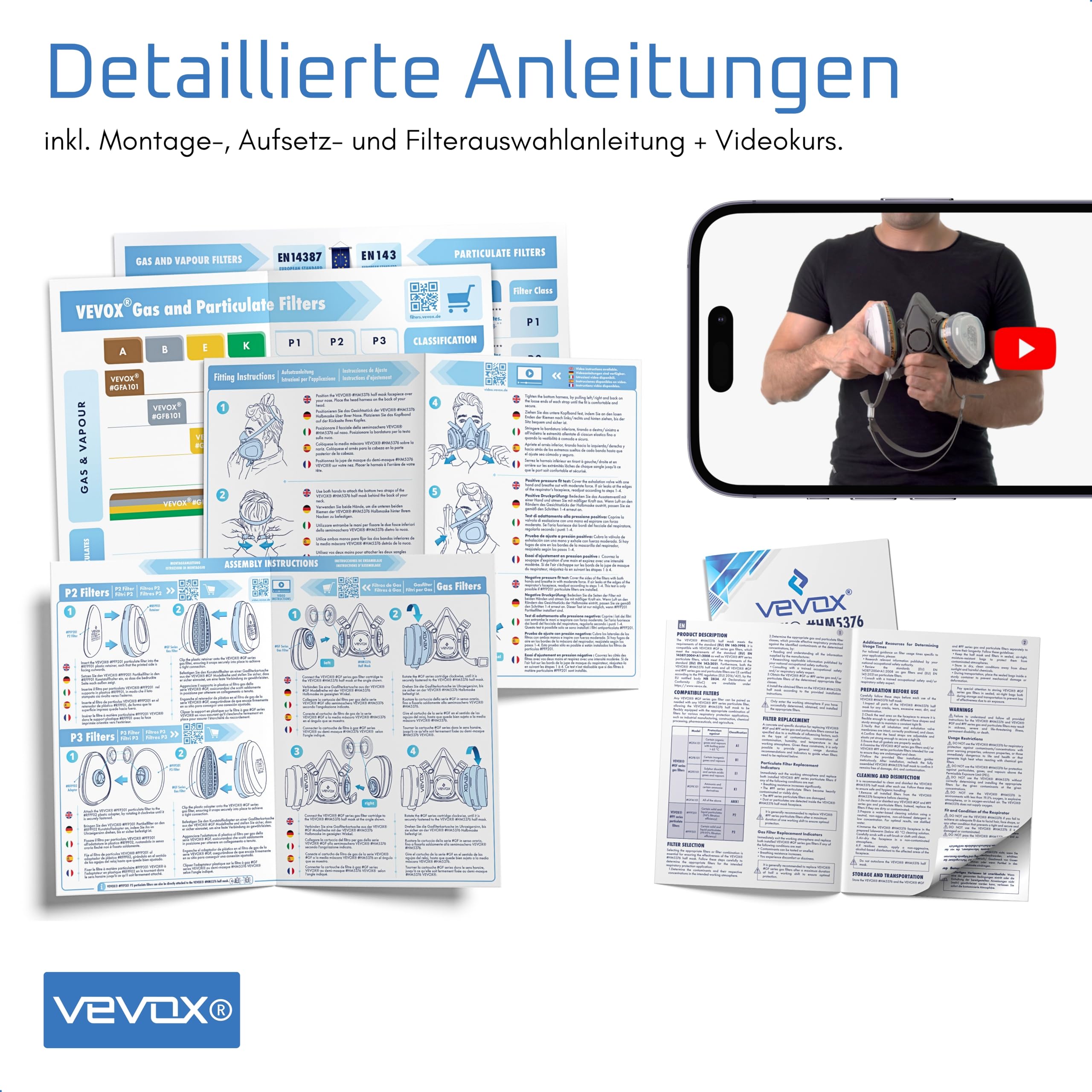 VEVOX® Atemschutzmaske - ABEK1P2 - Gasmaske - Staubmaske - Lackiermaske | Schutz gegen Feinstaub, Gase und Dämpfe - zum Lackieren, Schleifen und Sanieren - 20x P2 und 4x ABEK1 Filter - Schutzbrille