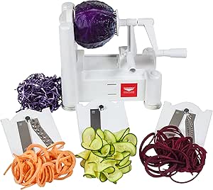Paderno World Cuisine 3-Blade Vegetable Slicer / Spiralizer, Counter-Mounted and includes 3 Stainless Steel Blades