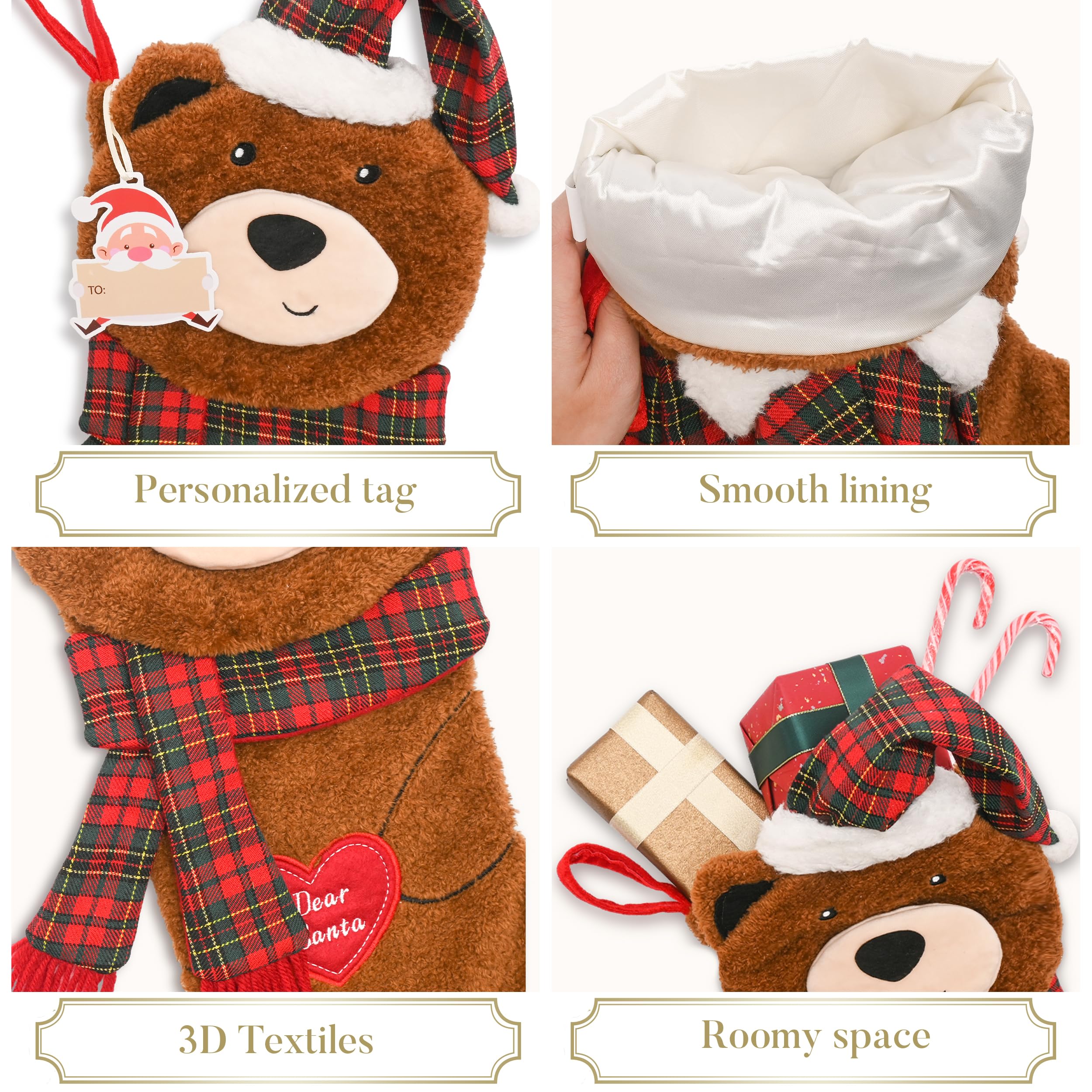 Valery Madelyn Calze natalizie a forma di orso, 53,3 cm, grandi, marroni, per animali domestici, simpatiche calze di Natale in peluche da appendere al camino, regalo di Natale, decorazioni per feste