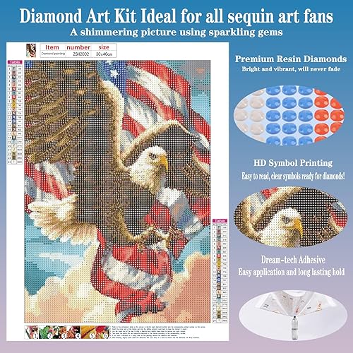 Miniatura 8 de Kits de pintura de diamantes patrióticos para adultos principiantes  5D DIY bandera estadounidense ciervo kit de puntos de diamante de perforación
