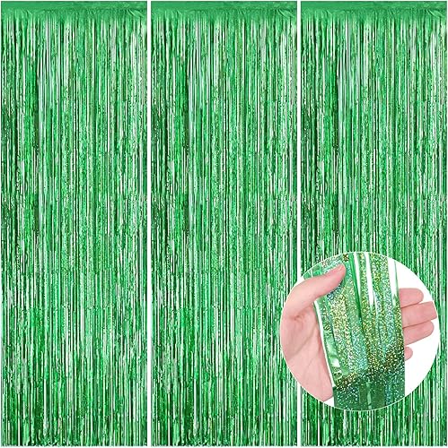 Wrbin Telón de fondo de cortina de oropel láser verde, 3 paquetes de 3.3 x 8.2 pies de papel de aluminio para decoración de fiesta para graduación,