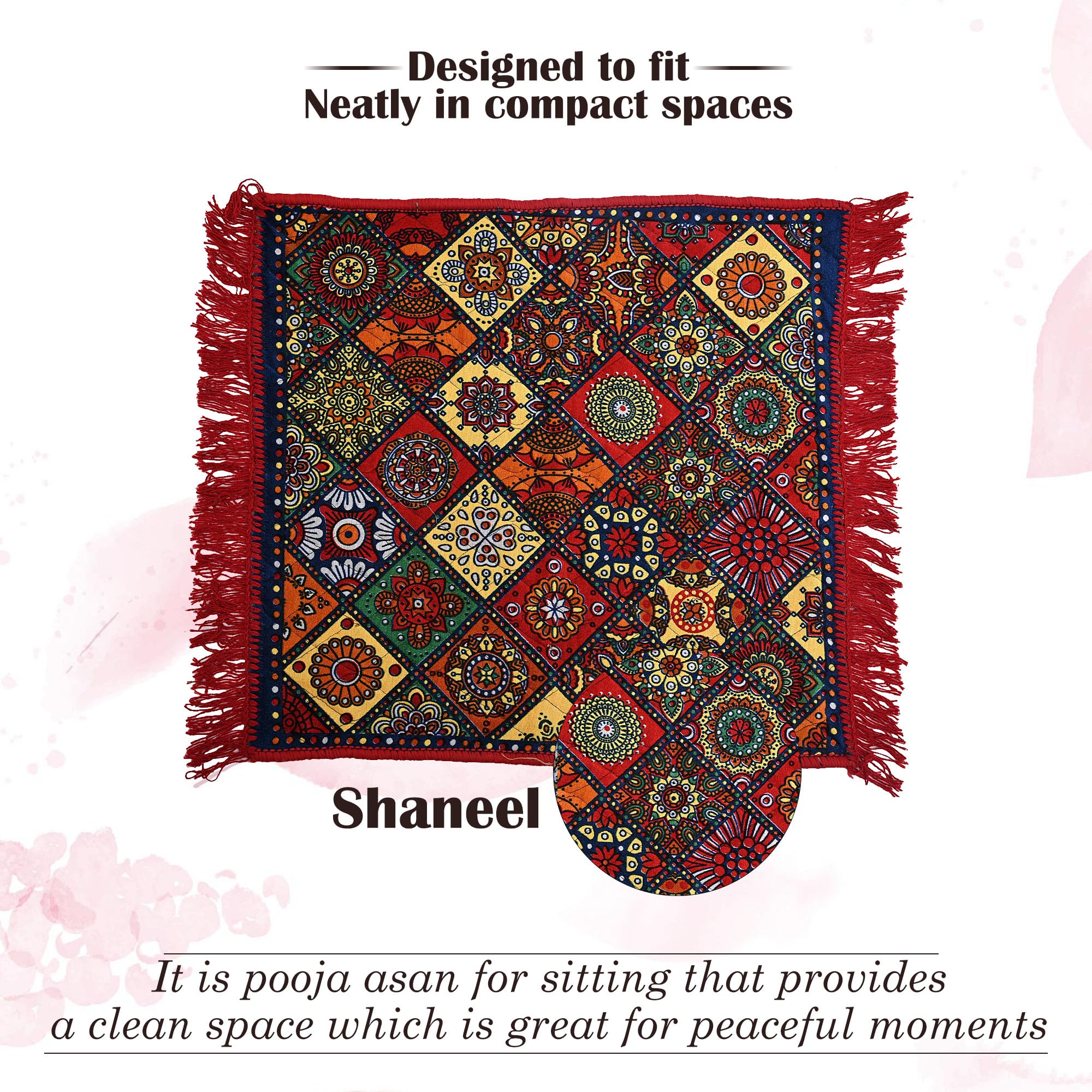 Kuber Industries Pack of 2 Velvet Finish Rectangular Pooja Mat for Sitting On Floor | Traditional Rangoli Print Aasan Puja Cloth for Home Mandir | Suitable for Prayer & Meditation | Red Rangoli 3