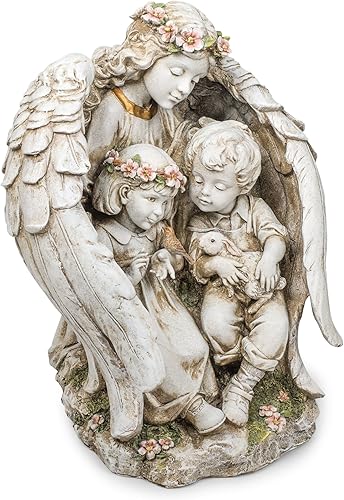 Ángel de la guarda con niños 16 pulgadas de piedra de resina decorativa estatua de jardín