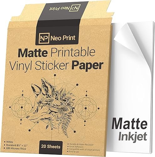 Papel adhesivo de vinilo imprimible para impresora de inyección de tinta, papel de impresora de vinilo blanco mate, 20 hojas autoadhesivas, tamaño