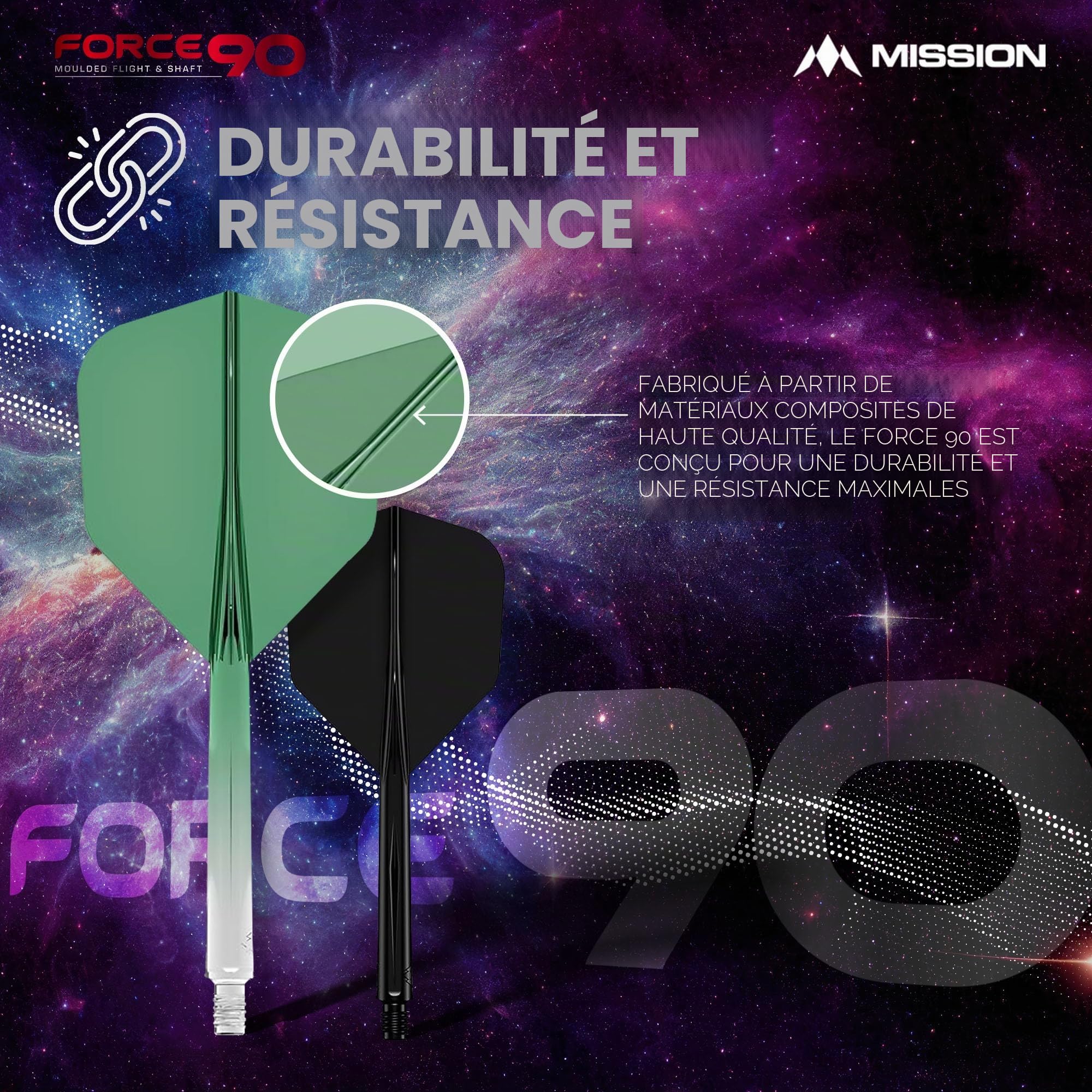 Mission Darts Force 90 | Ailettes et tiges de fléchettes moulées avec précision intégrées, lot de 3 ailettes et tiges professionnelles hautement durables 2 en 1 | Standard n°6