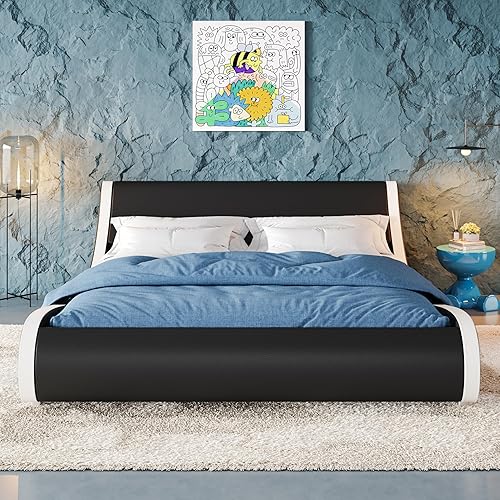 Base de cama de plataforma de perfil bajo moderno con forma ondulada, base de cama curva con cabecera ajustable, curvada, tamaño King, marrón