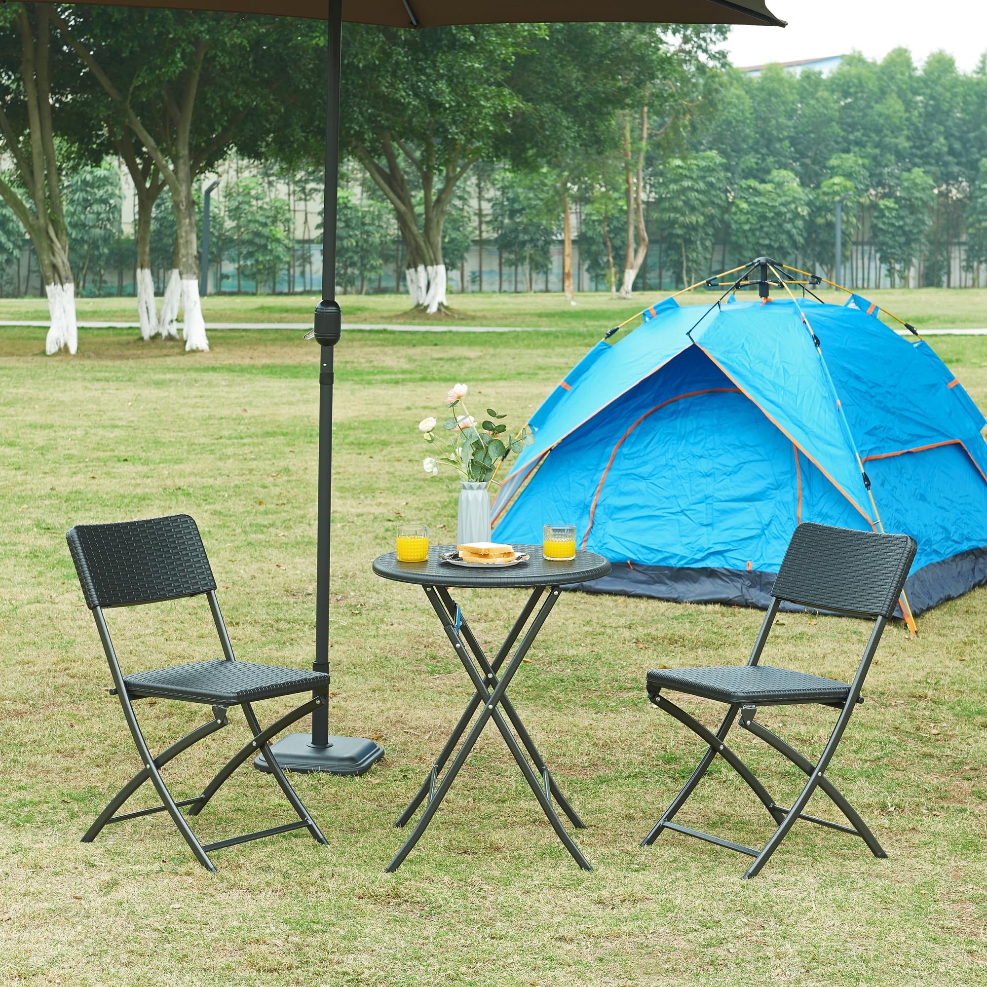 [en.casa] pro.tec składany stół piknikowy Camping przenośny stół do użytku na zewnątrz metalowa rama i blat plastikowy stół Ø60 x 74 cm czarny efekt rattanu
