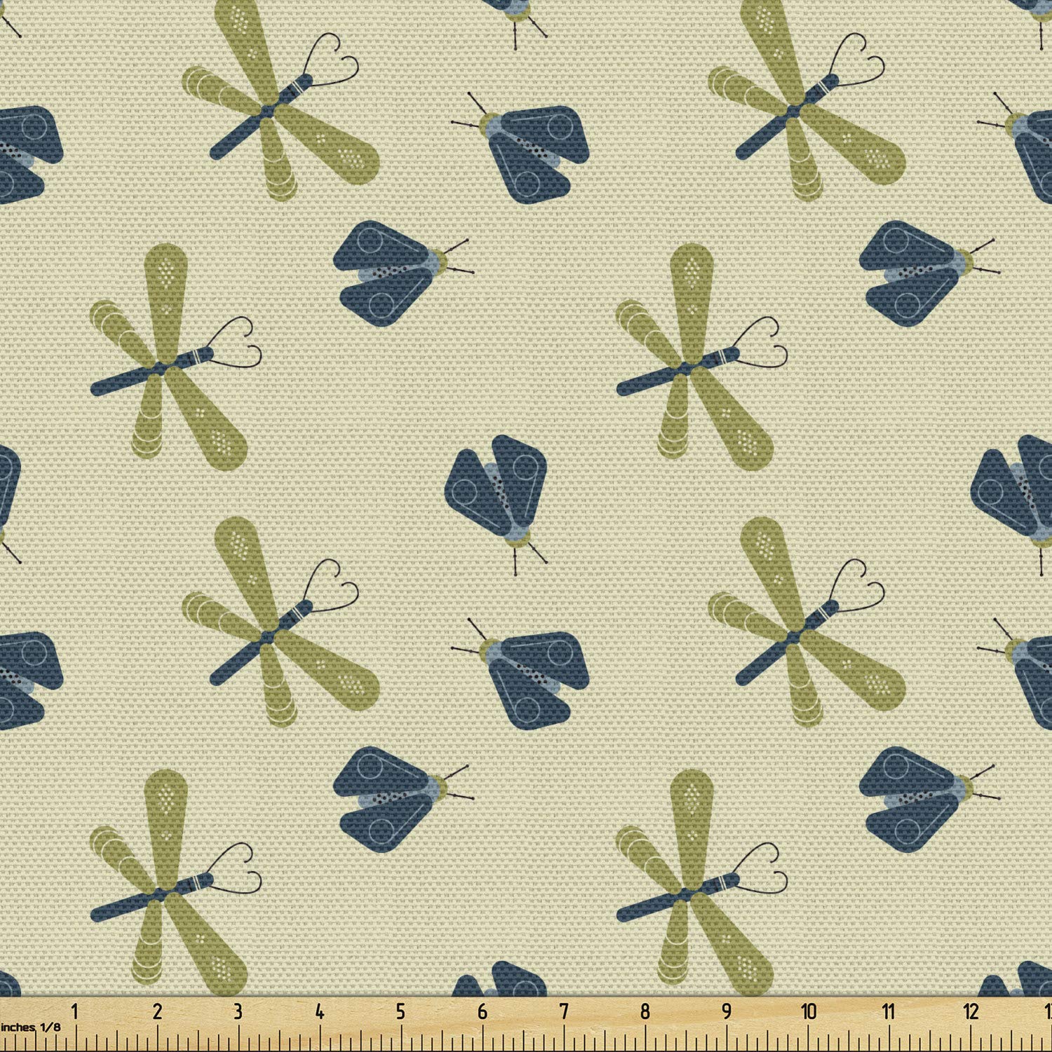 Lunarable Dragonfly Fabric by The Yard, Geometric Nature Theme with Repeating Dragonflies and Fireflies, Decorative Fabric for Upholstery and Home