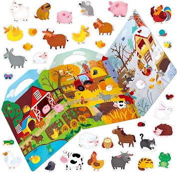 Reusable Sticker Book, 35 Farm Animal Static Stickers Waterproof Animals & Insects Decals Matching Game Activity Books Educational Learning Toys for Toddlers Girls Boys Preschooler
