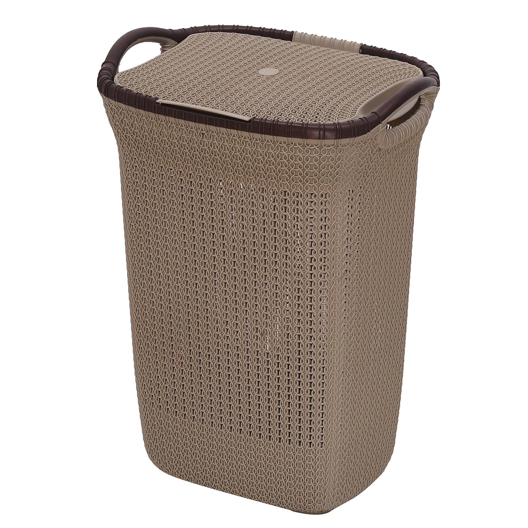Plastic Laundry Basket with Lid | 60L Extra Large Knit Hamper | Strong & Durable | Ideal for Bathroom, Bedroom & Kids Room | Multipurpose Cloth Storage Organiser | 36 x 46 x 61 cm | Plaza