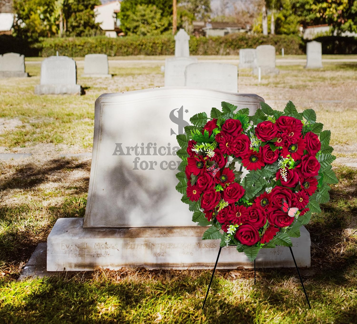 Cemetery Wreaths - Ebullient Remembrance Standing Heart, Grave Wreath with 30 Inch Easel Stand,Memorial Floral-Red Rose