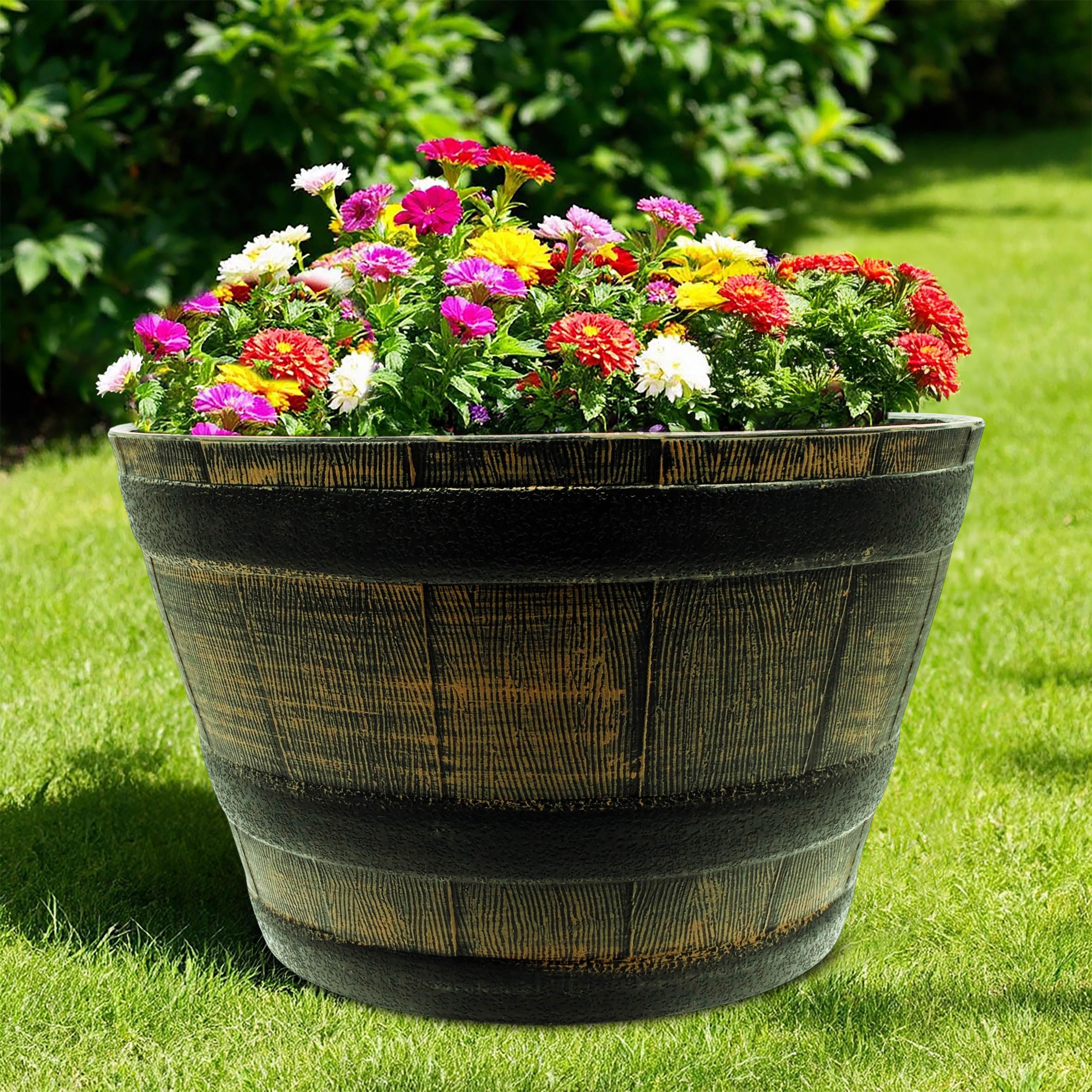 Spetebo Mini Bassin de Jardin en Plastique, Design Tonneau en Chêne Brun, 51 cm, Bac à Eau et Fleurs, Résistant aux Intempéries, Rustique, Outdoor