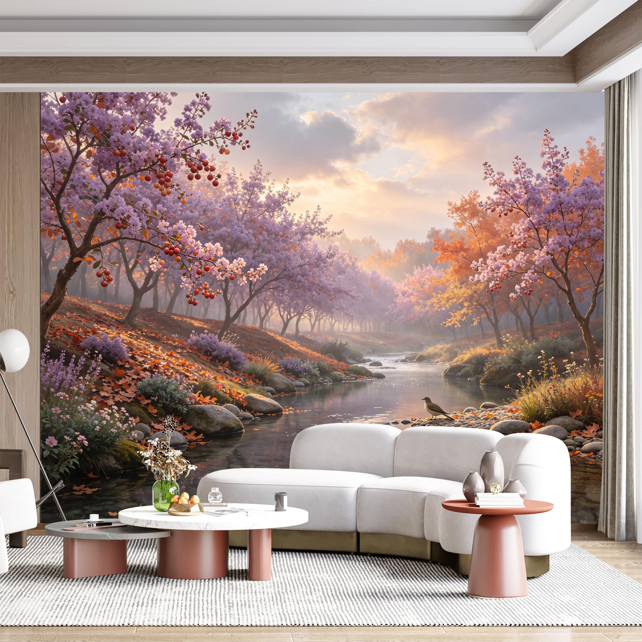 Custom Size Wall Mural Serene Woodland River Floral Tree Landscape Watercolor SelfAdhesive Wall Fabric Removable for Home Office Decor