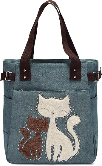 KAUKKO Women Canvas Handbag Shoulder Bag Cat Big Tote Bag093-ARMYGREEN