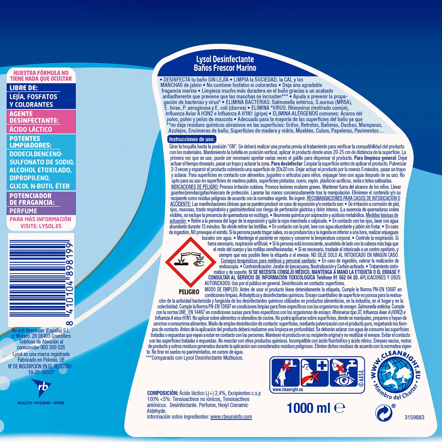 Lysol Limpiador Desinfectante Antical Baño 6 x 1 L, mata virus y bacterias sin lejía, aroma frescor marino