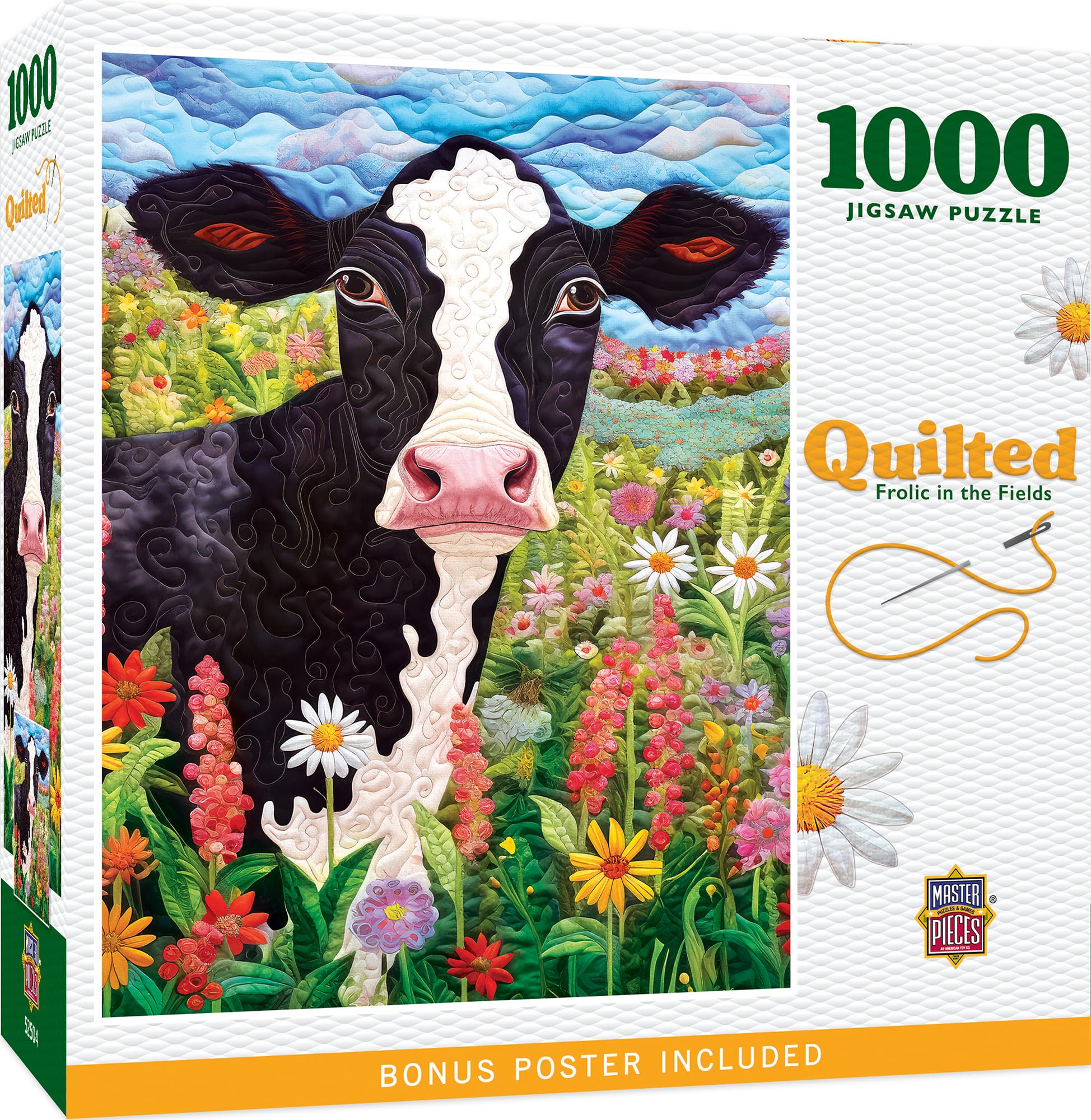 MasterPieces 1000 Piece Jigsaw Puzzle for Adults - Frolic in the Fields - Quilted Cow Collage - 19.25"x26.75" — image 1