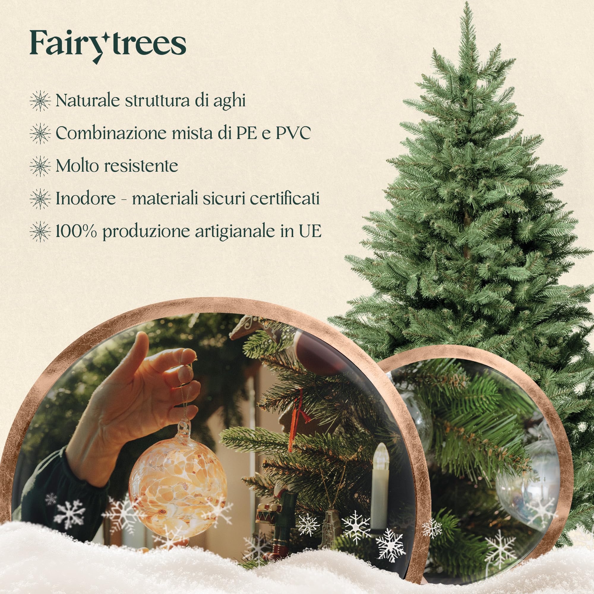 Albero FAIRYTREES Nordman Premium 180 cm, realizzato nell'UE. Albero di Natale artificiale formato da due materiali diversi, con supporto in frassino fatto a mano, tronco marrone.