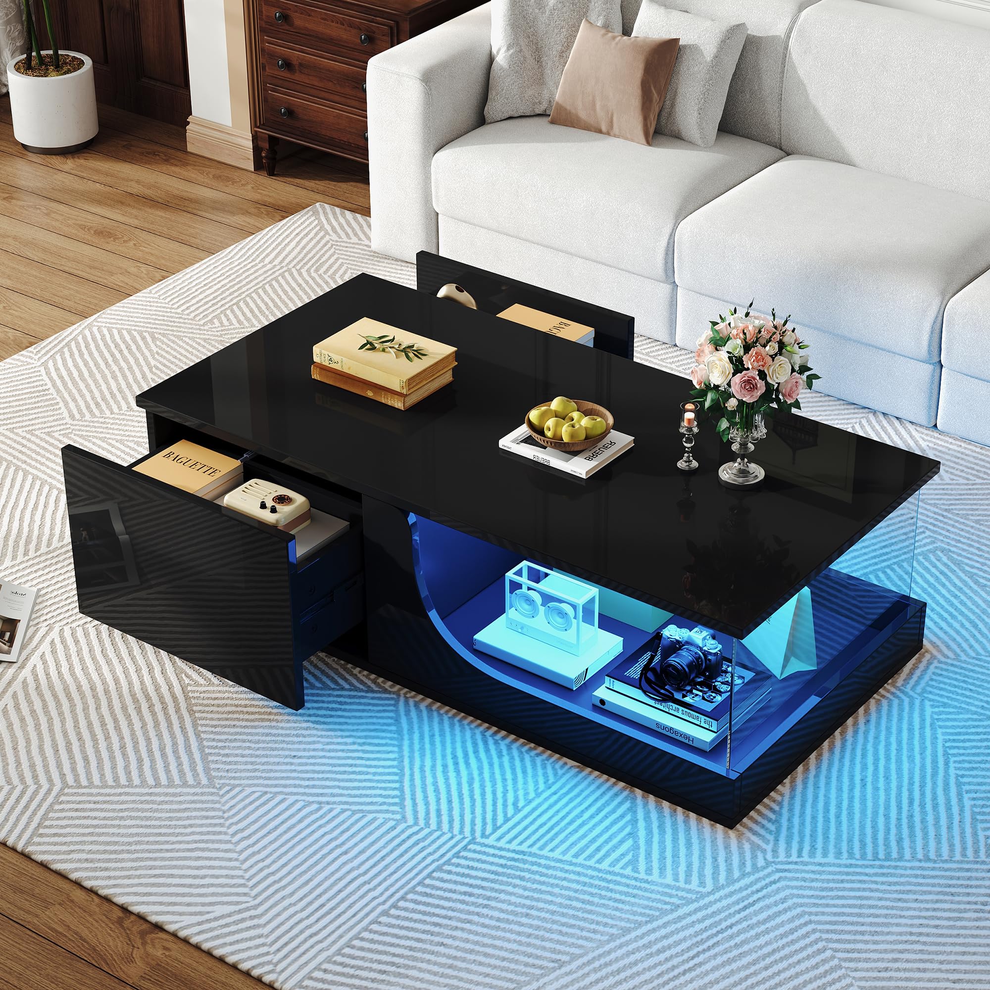 Merax Table Basse LED avec 2 tiroirs, Table de Salon Haute Brillance avec Plateau en Verre trempé, Table de café Moderne avec éclairage RGB contrôlé par Application, Couleur Noire,100×50x30 cm