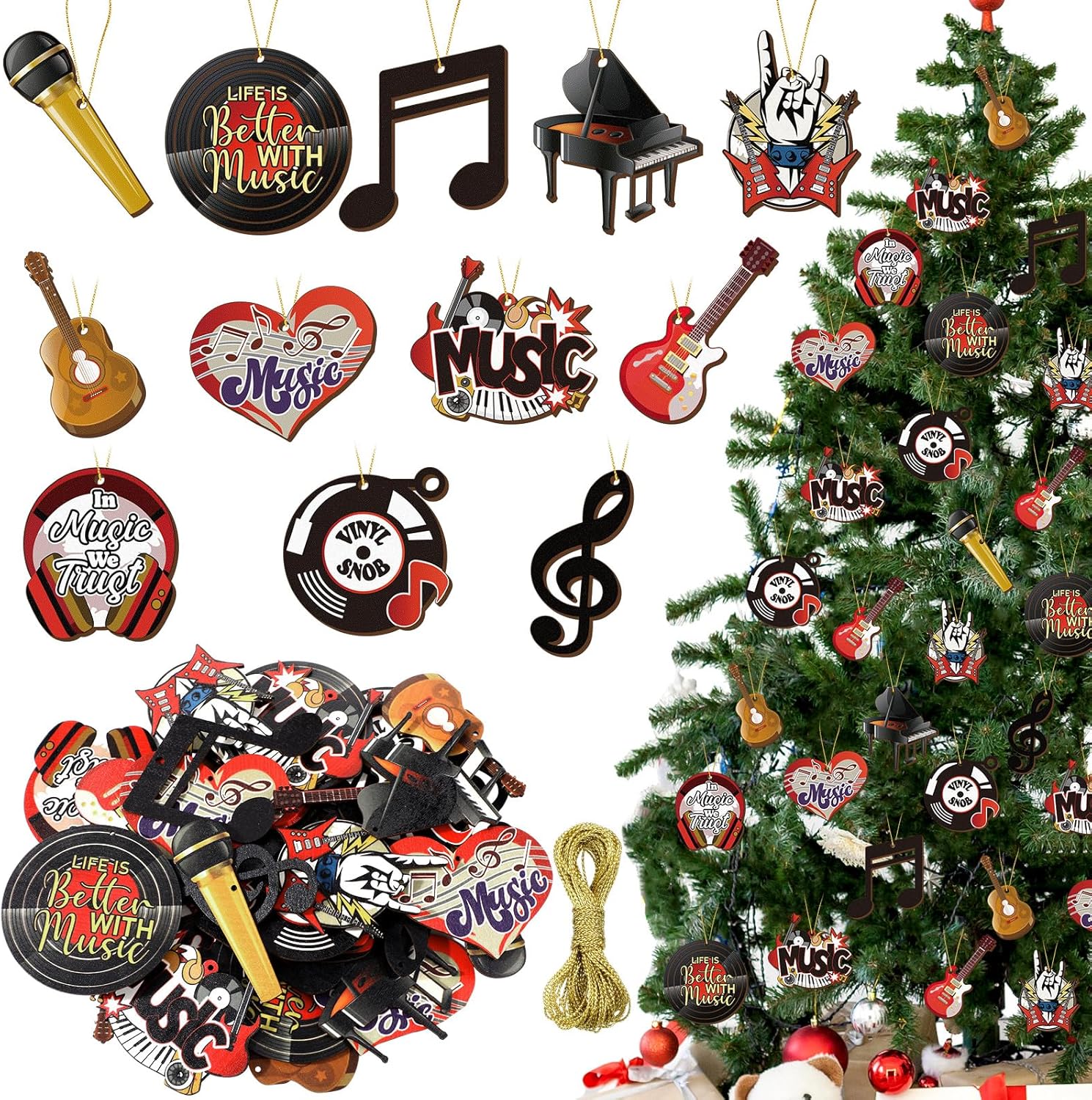 36 Pcs Christmas Musical Instrument Ornaments Wooden Christmas Music Tree Ornament Guitar Piano Microphone Music Note Xmas Tree Hanging Decorations for Birthday Party Supplies