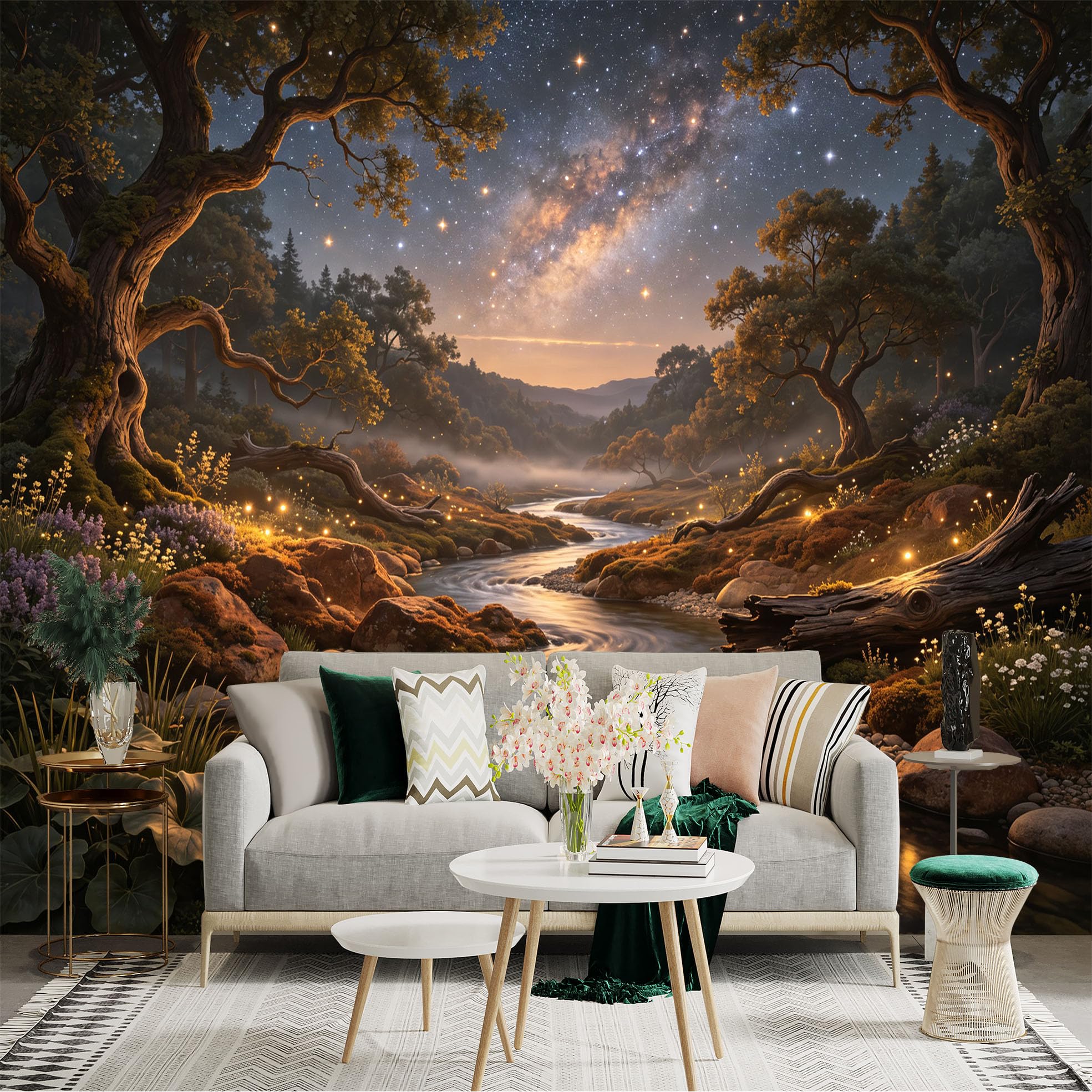 Lnzczhyre Bh260719499 Custom Size Wall Sticker Mural， Enchanted Forest Stream， Glowing Fireflies， Milky Way Night Sky， Tranquil Wilderness Scenery， For Wall Decoration， Peelandstick Wall Decals.