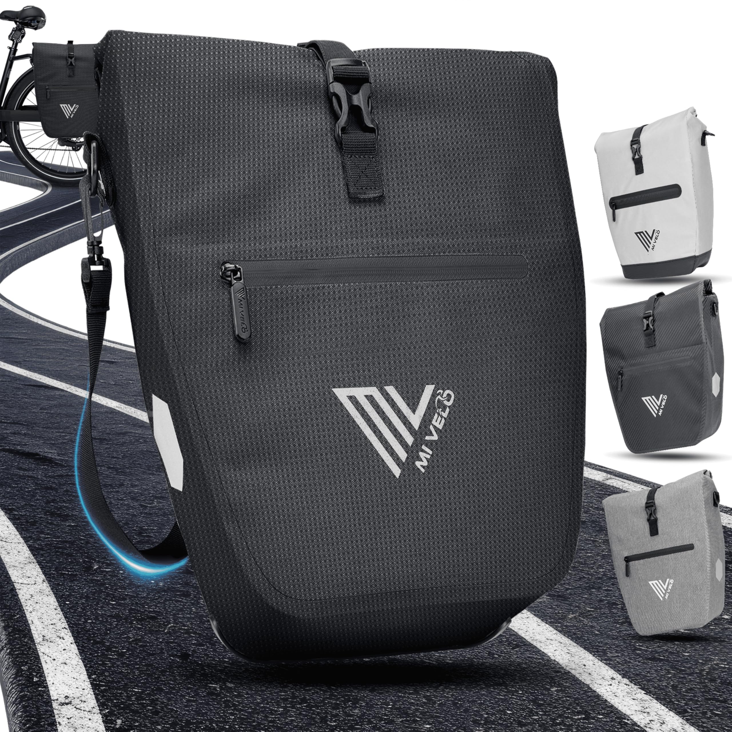 MIVELO 2in1 Fahrradtasche für Gepäckträger reflektierend - Gepäckträgertasche 100% wasserdicht I Mit gepolstertem laptopfach & Umhängegurt I Tasche für Fahrrad 25L (Schwarz-Reflektierend)