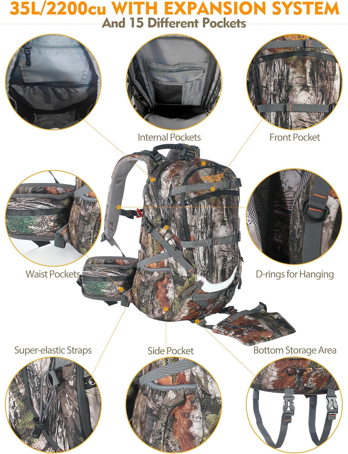 NEW VIEW Camo Hunting Backpack 35L with Inter-Frame, 600D Durable 2100cu Day Backpack with Rifle Holder, Rain Cover Included