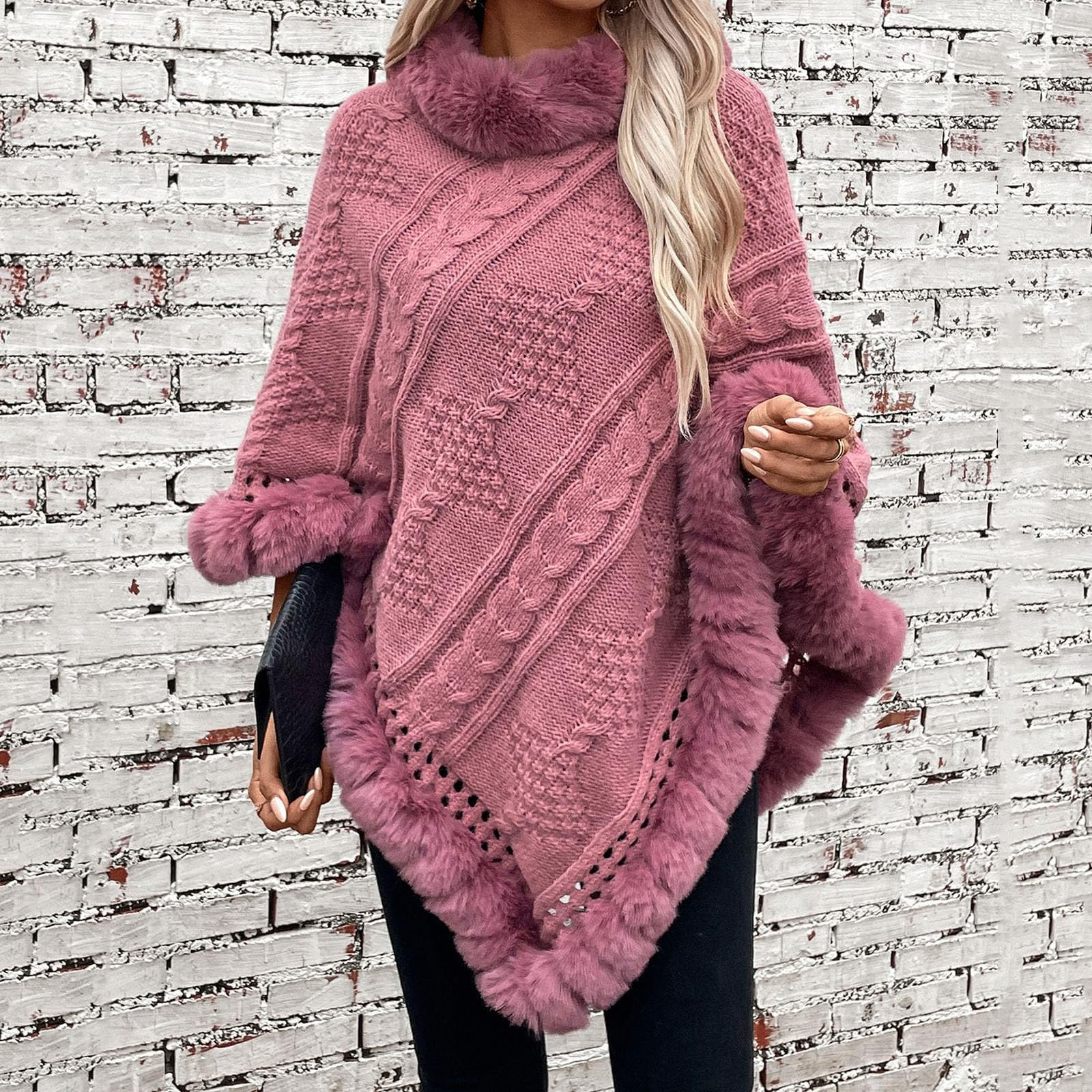 Femmes Fuzzy Hem câble Tricot Poncho, Pullover à col de Tortue en Tricot Solide Gros, vêtements d'hiver décontractés Confortables Oversized