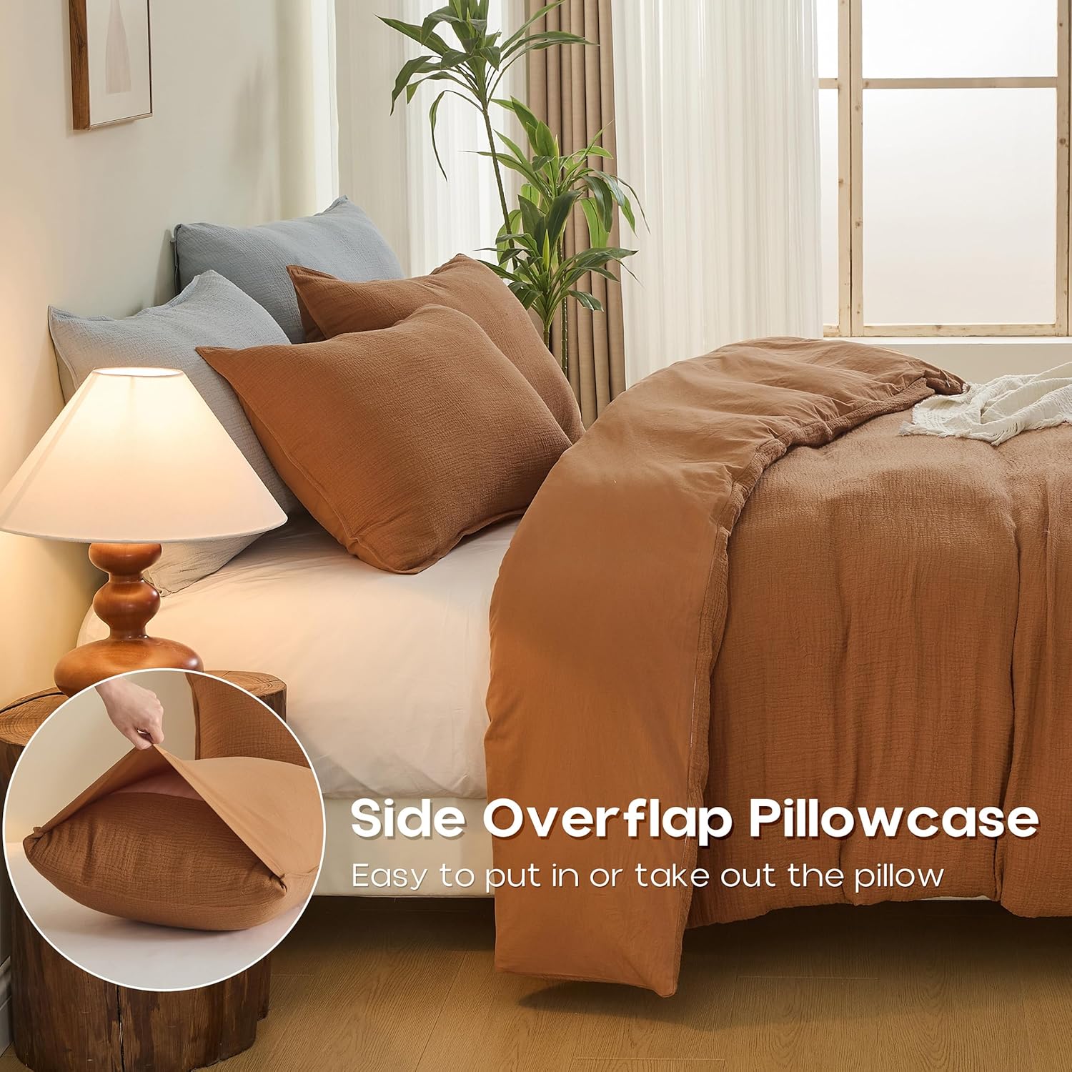 Simple&Opulence Linen Muslin Duvet Cover Set Queen Size, 3Pcs Rust Linen Cotton 3-Layer Gauze Minimalist Comforter Cover 88”x92”, Ultra Soft Breathable Seersucker Bedding Set with 2 Pillowcases - Image 4