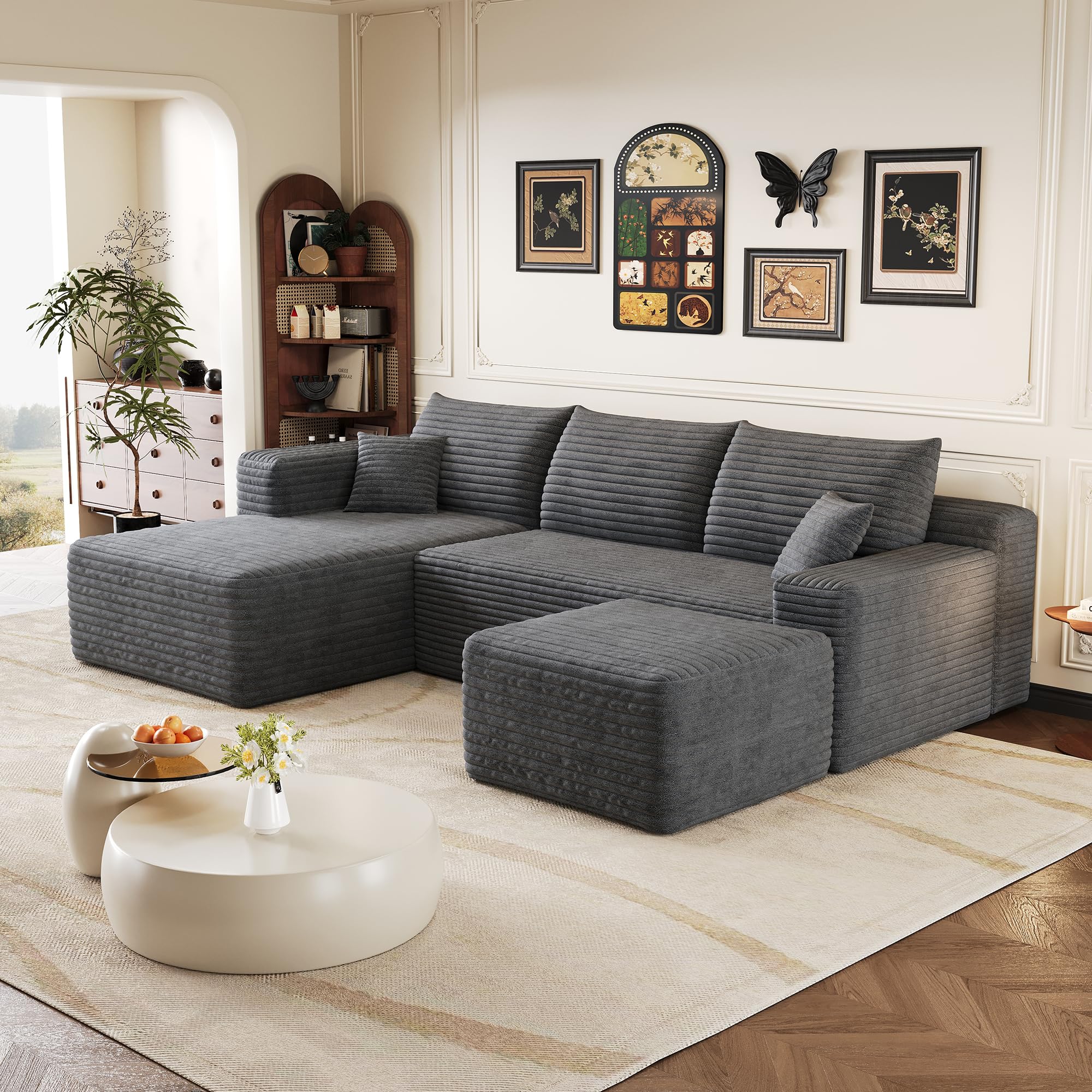 Divano angolare con funzione letto, 241 cm, motivo nuvole, divano letto modulare a forma di U, 3 posti con 2 ottomani, divani sezionali per soggiorno, non richiede montaggio, grigio scuro