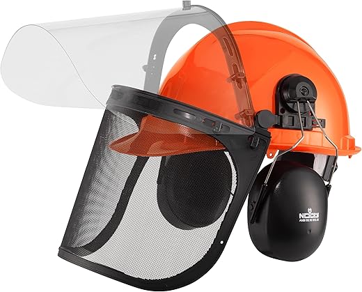 NoCry 6-in-1 Industrial Chainsaw Helmet with Face Shield and Ear Muffs - Includes a Mesh Chainsaw Face Shield & a Clear Plastic Face Visor - ANSI Z89.1 Certified Forestry Helmet or Arborist Helmet