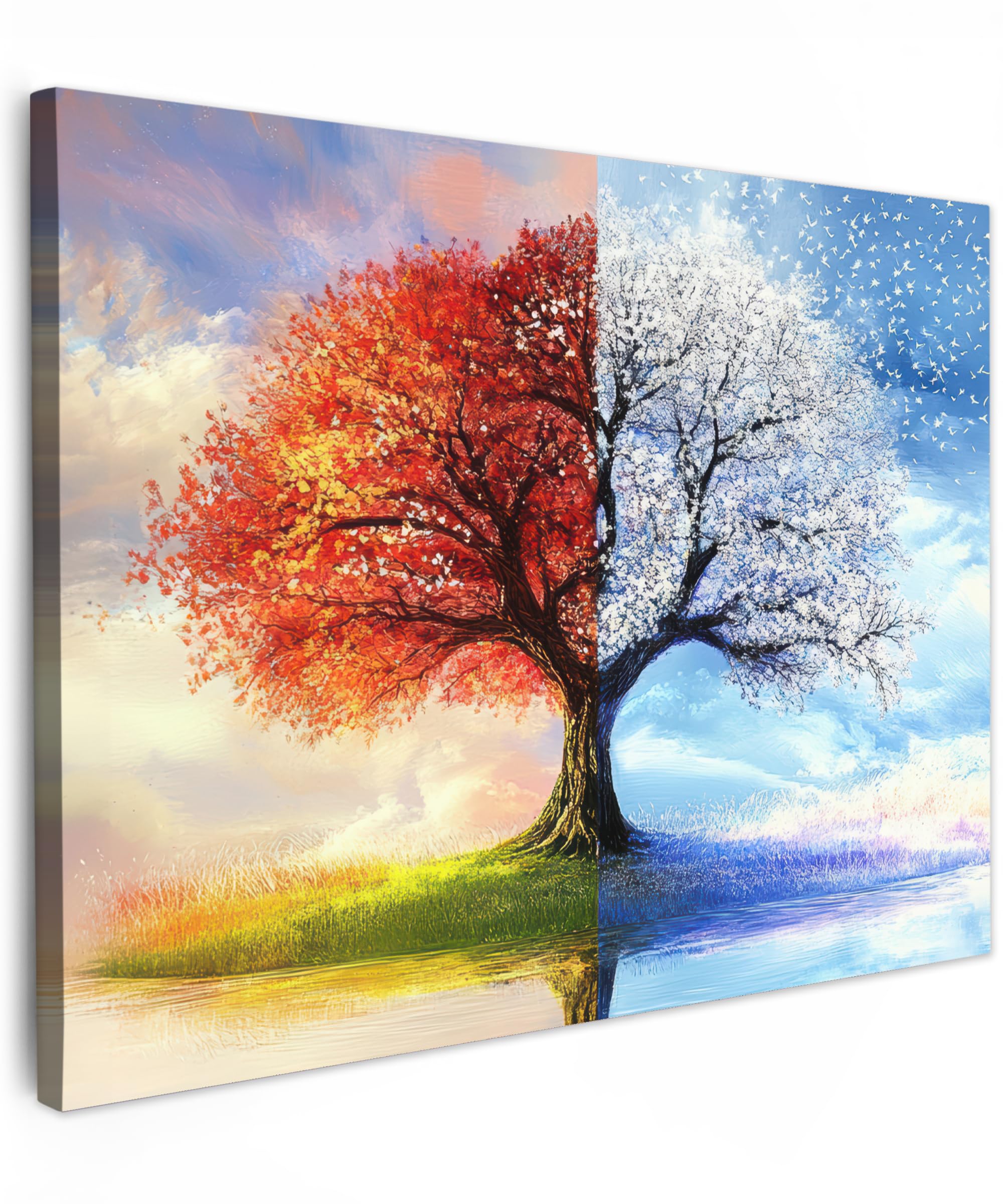 MuchoWow© Leinwandbilder 80x60 cm Wall Art Decoration Bilder für die Wand Schlafzimmer Deko Canvas Painting Wanddekoration Wohnzimmer Jahreszeiten - Kunst - Baum - Winter - Herbst