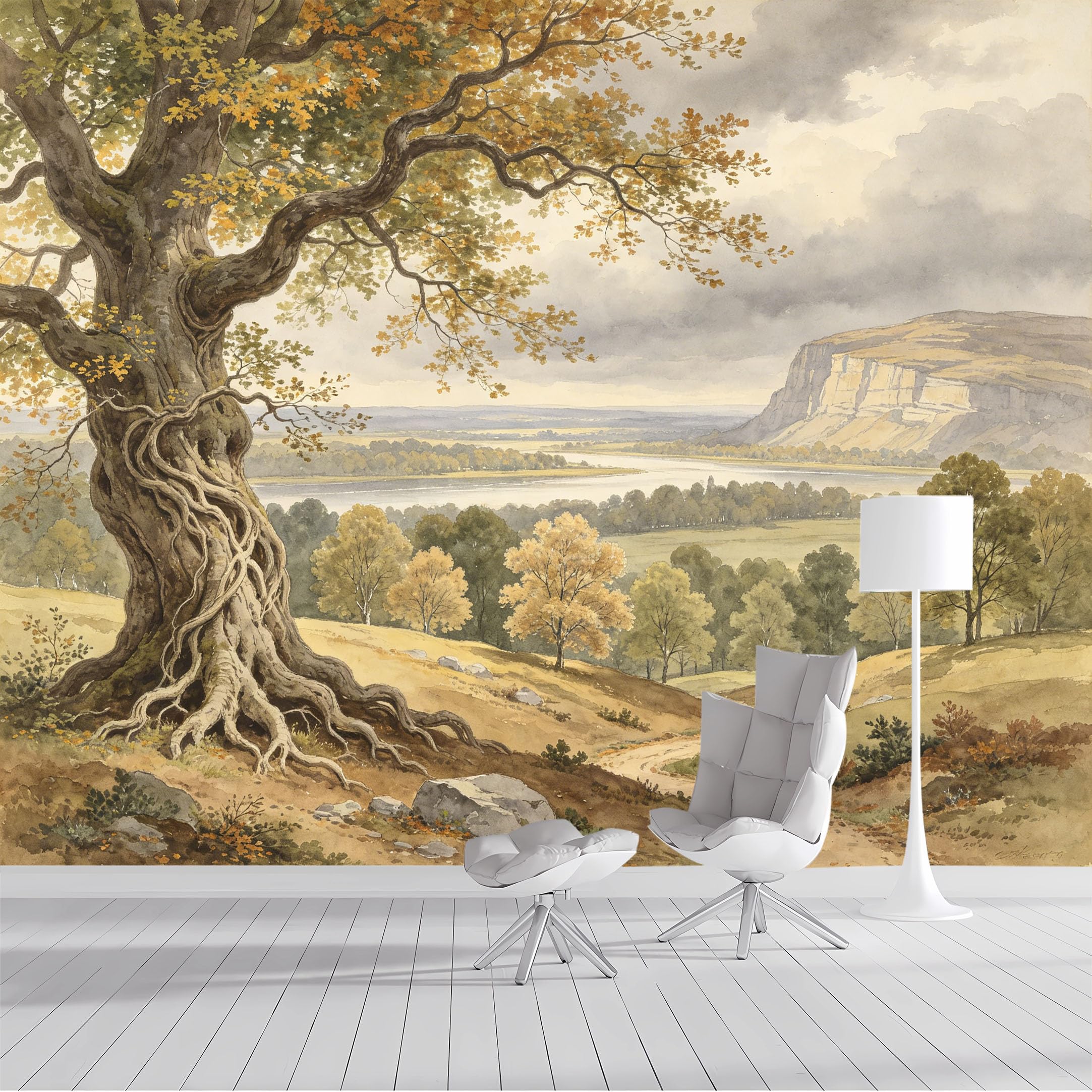 Custom Size Wall Mural Autumn Forest River Valley Landscape Watercolor Painting SelfAdhesive Wall Fabric Removable Peel and Stick Wallpaper Wall Decor for Living Room Bedroom Bathroom