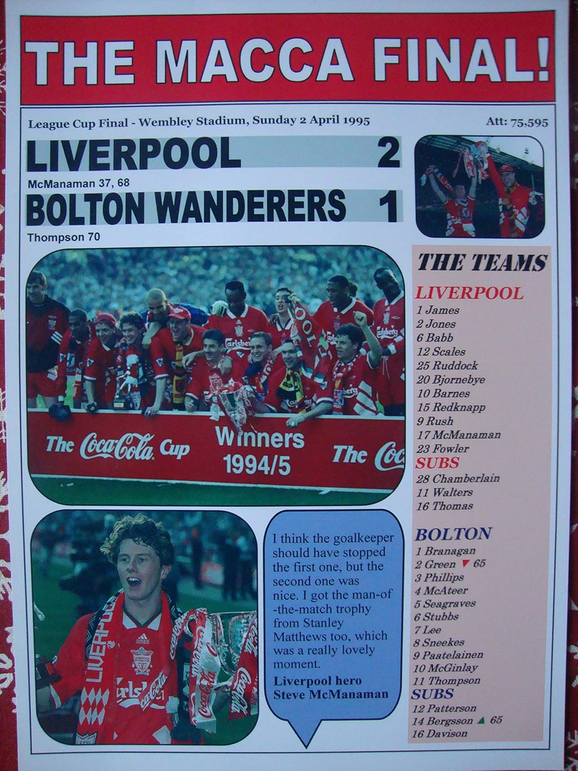 Sports Prints UK Liverpool 2 Bolton Wanderers 1-1995 League Cup final - souvenir print