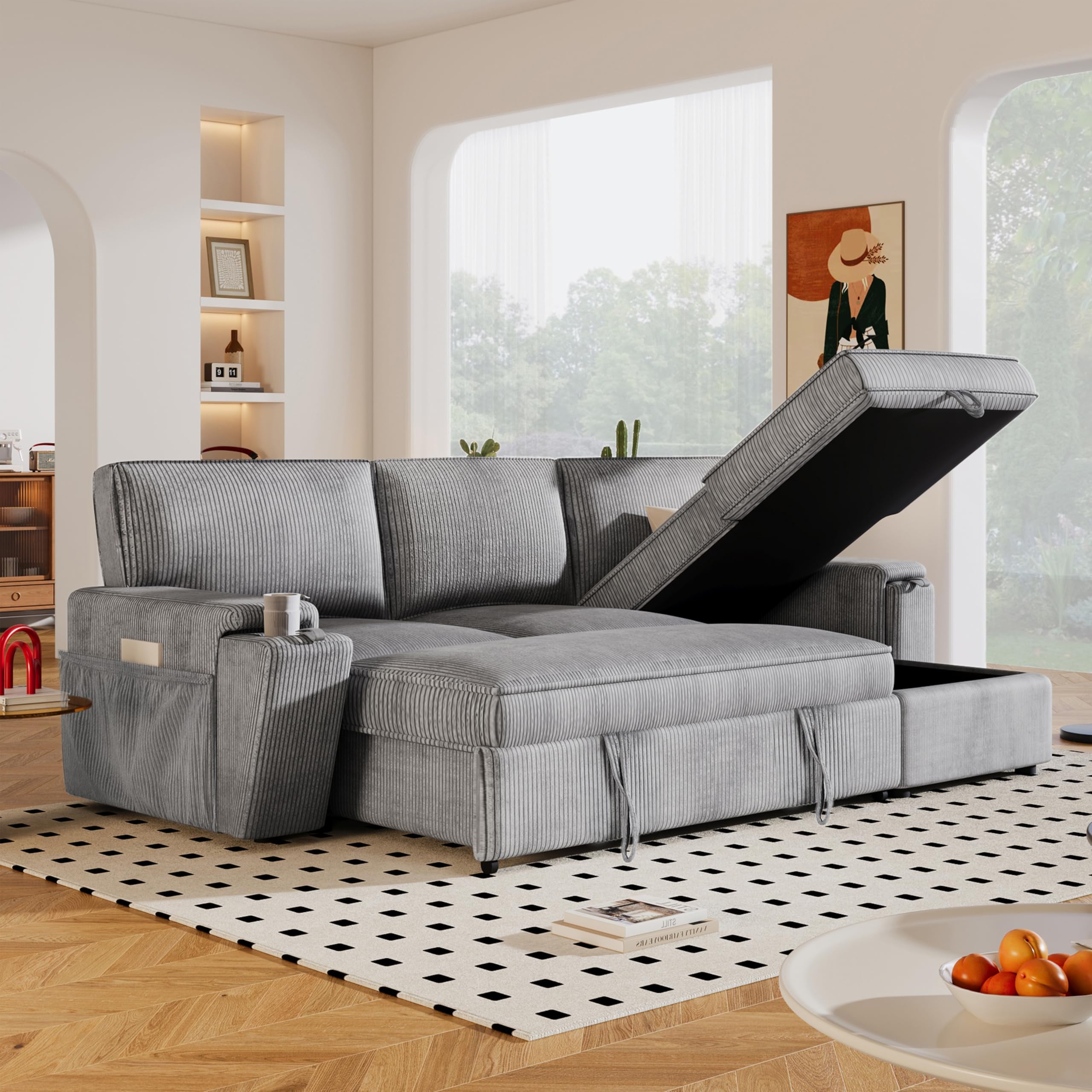 Modern Reversible Sleeper Sectional Sofa W/Pull Out Couch Bed and Large Capacity Storage Chaise, L-Shaped Corduroy Upholstered Sofa&Couch Convertible
