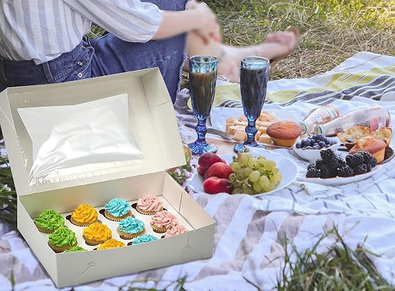 12 Pcs Window Cupcake Boxes [MADE IN USA] White Bakery Cupcake Boxes with Inserts- 14 x 10 x 4 Fits 12 Standard Size Cupcakes and Muffins- 12 Count Cupcake Container for Storing & Transporting
