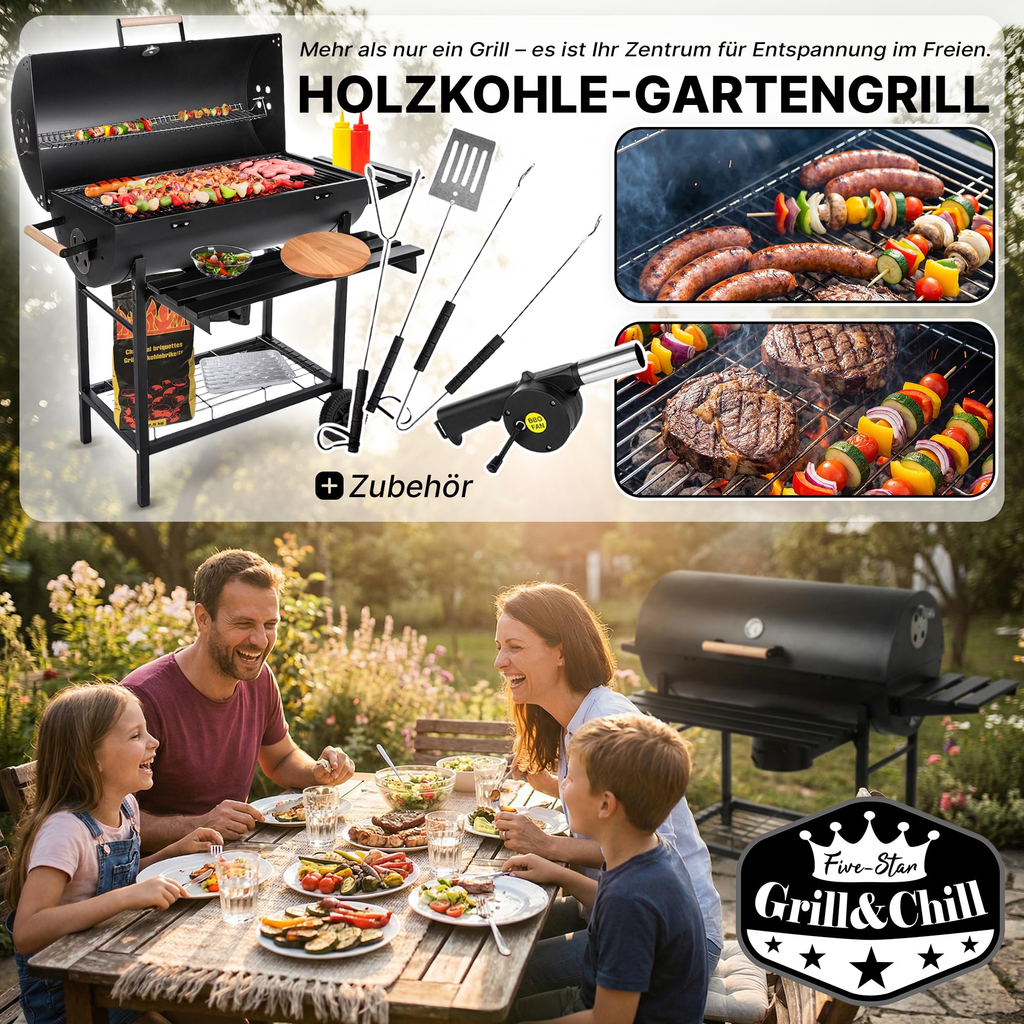 Five-Star Grill&Chill Holzkohlegrill mit Deckel – Großer Grillwagen mit Chromrost 71×35 cm & Thermometer – Für Garten & Terrasse – Aschekasten, Lüftungsöffnungen, 2 Räder