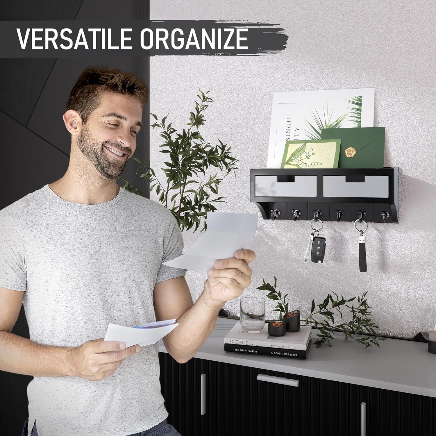 Rebee Vision Farmhouse Key Holder Wall Mount Bundle - Modern 2-Color Key and Mail Holder for Wall with Drawer Organizer & Floating Shelves Set of 3 - Home Decor for Multifunctional Storage (Black)