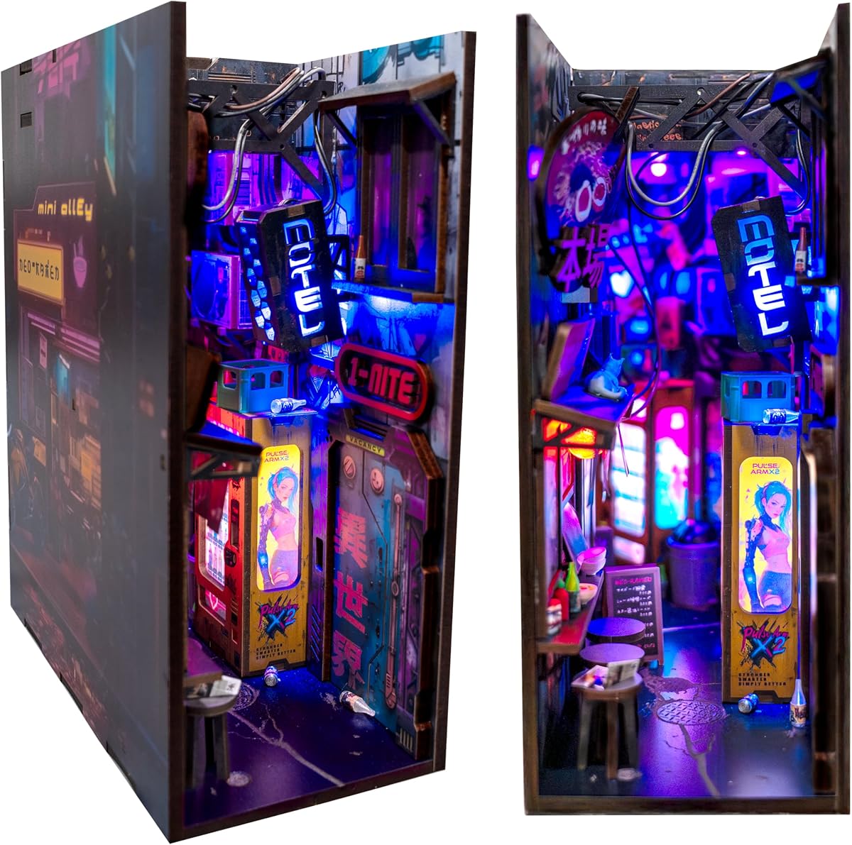 Neo Ramen MiniAlley DIY Cyberpunk Book Nook Kit – Diorama de madera con luces de neón, tienda de ramen futurista e ilusión de callejón sin fin – Exhibición coleccionable única para estantería o escritorio