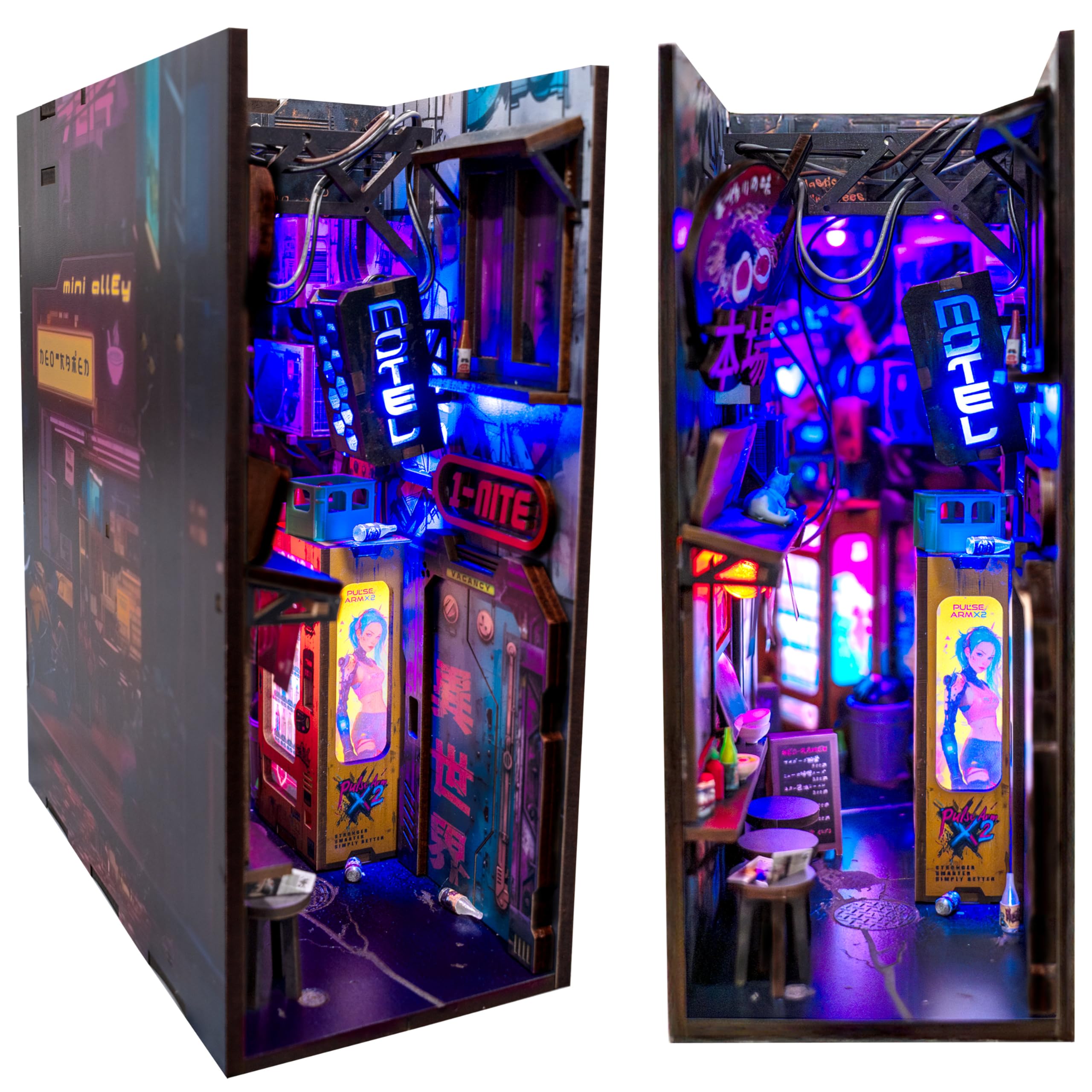 Neo Ramen MiniAlley DIY Cyberpunk Book Nook Kit - Wooden Diorama with Neon Lights, Futuristic Windows Shop & Endless Alley Illusion - Unique Collectible Display for Bookshelf or Desk